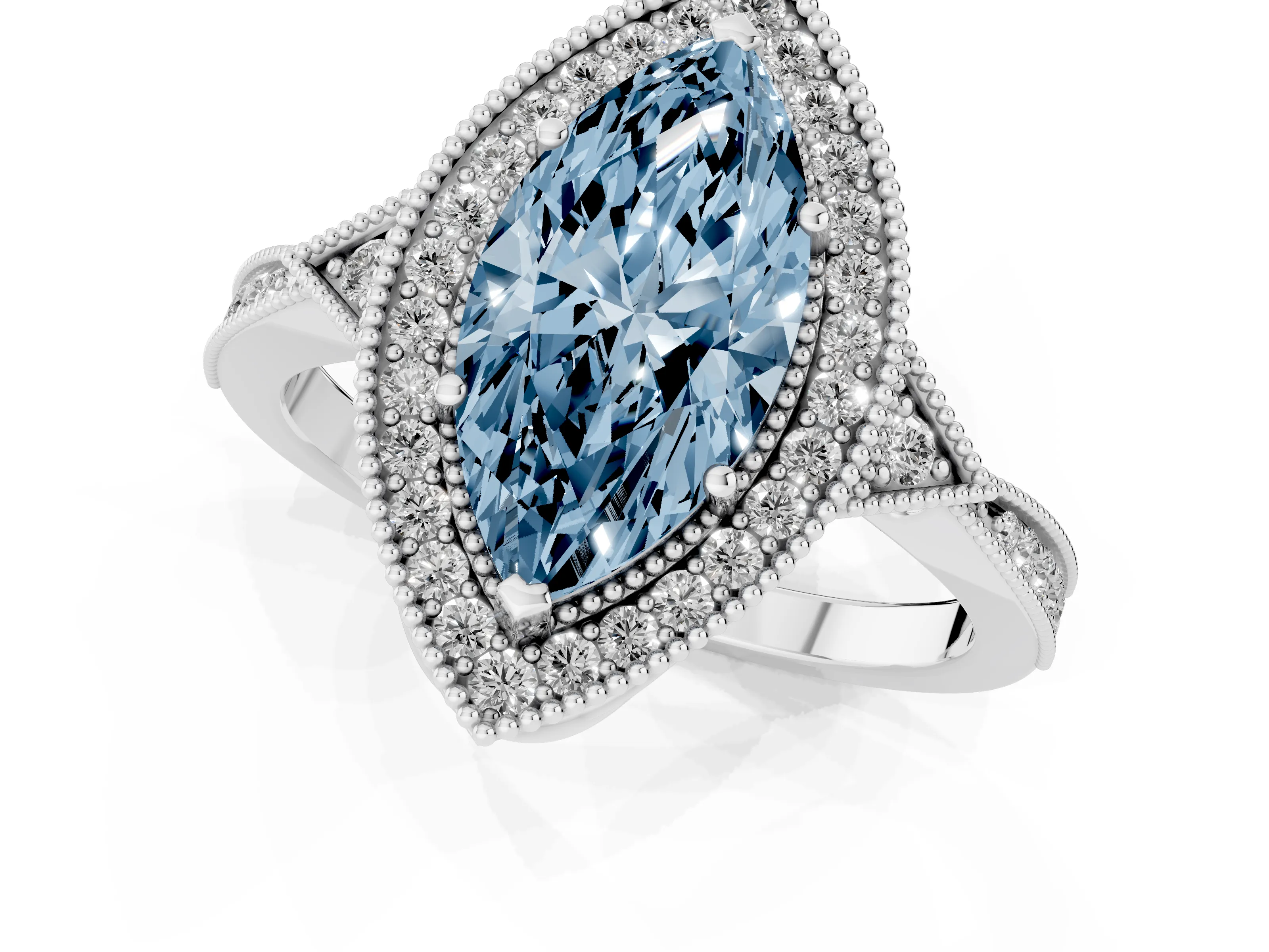 Fancy Blue Marquise Cut Diamond Halo Engagement Ring Set in Platinum with Milgrain Pavé Band