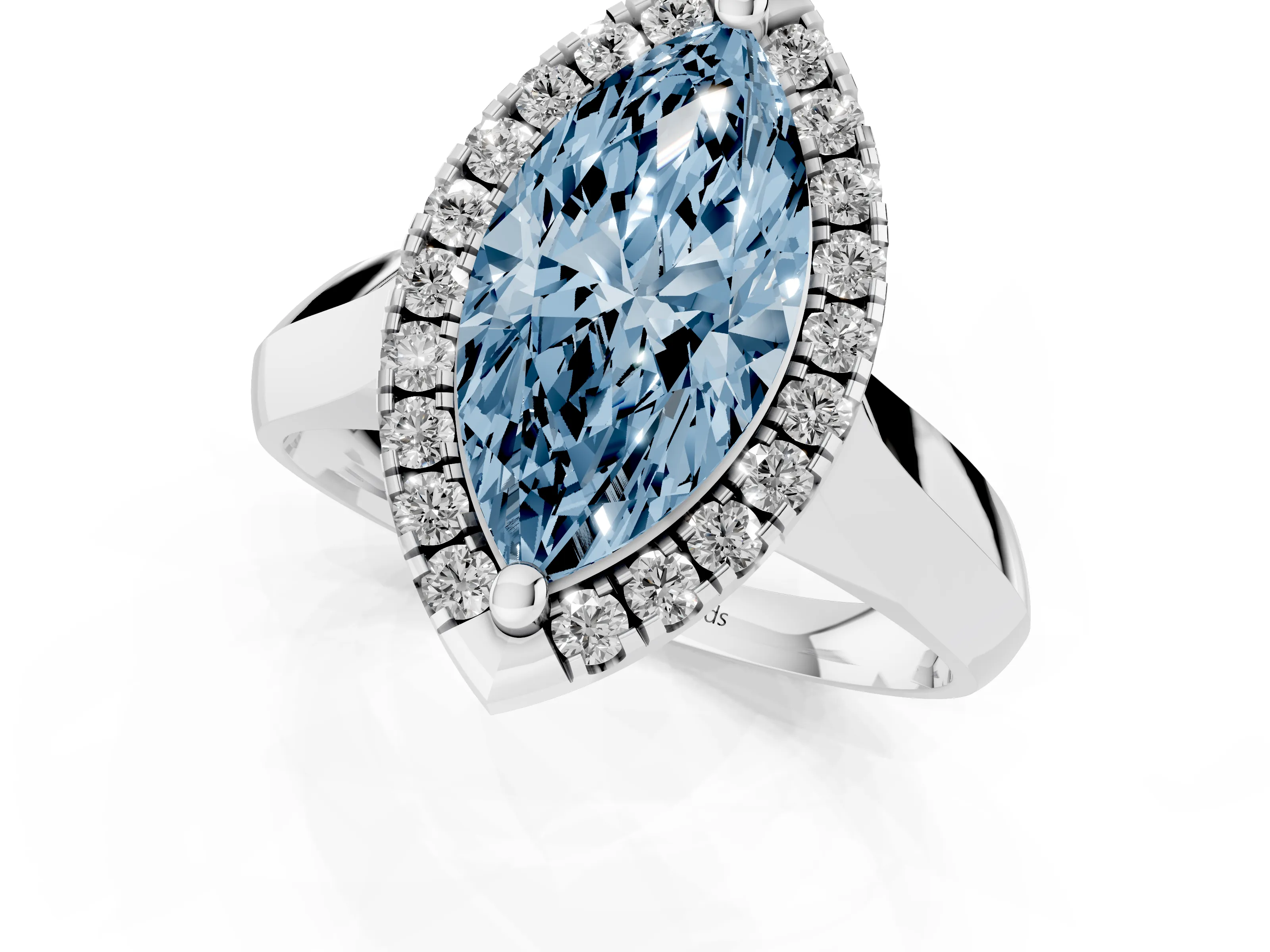 Fancy Blue Marquise Cut Diamond Halo Solitaire Engagement Ring Set in Platinum with Square Band and Prong Setting