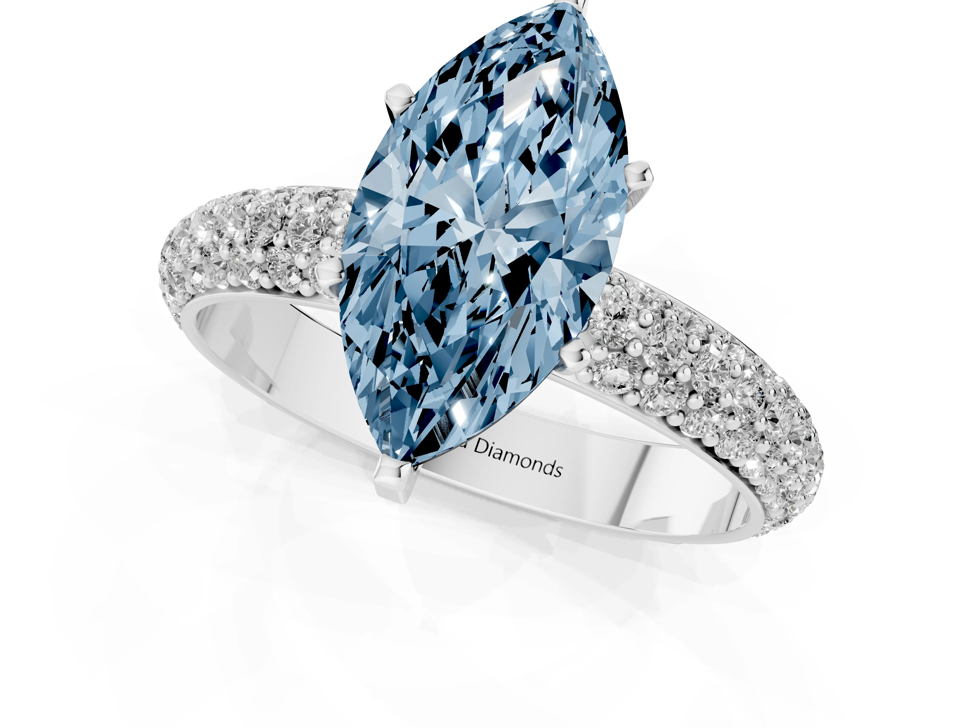 Fancy Blue Marquise Cut Diamond Solitaire Ring Set in White gold with Prong Setting and Pavé-Set Band