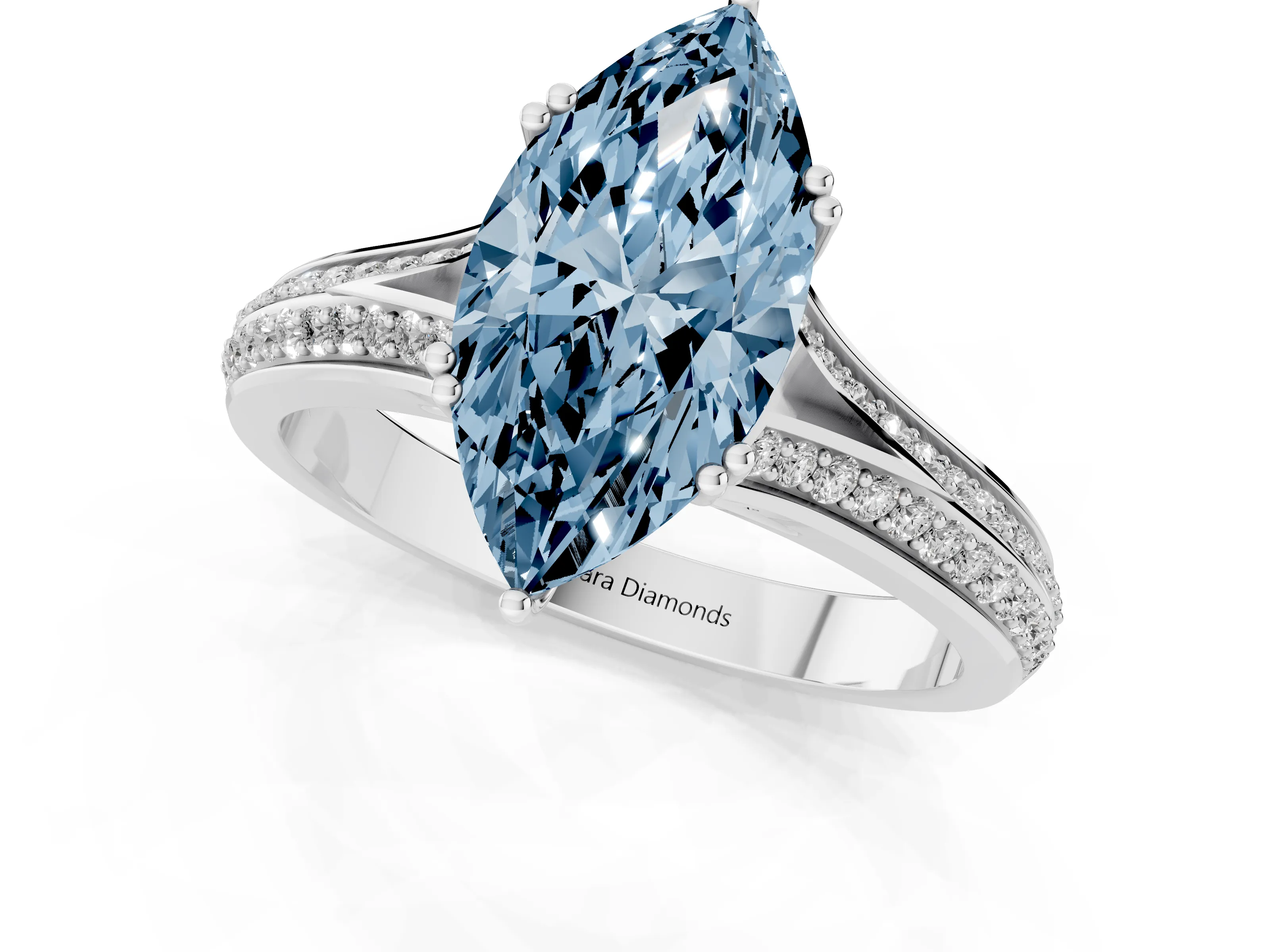 Fancy Blue Marquise Cut Diamond Split Shank Pavé Engagement Ring Set in White gold with Prong-Set Center Stone