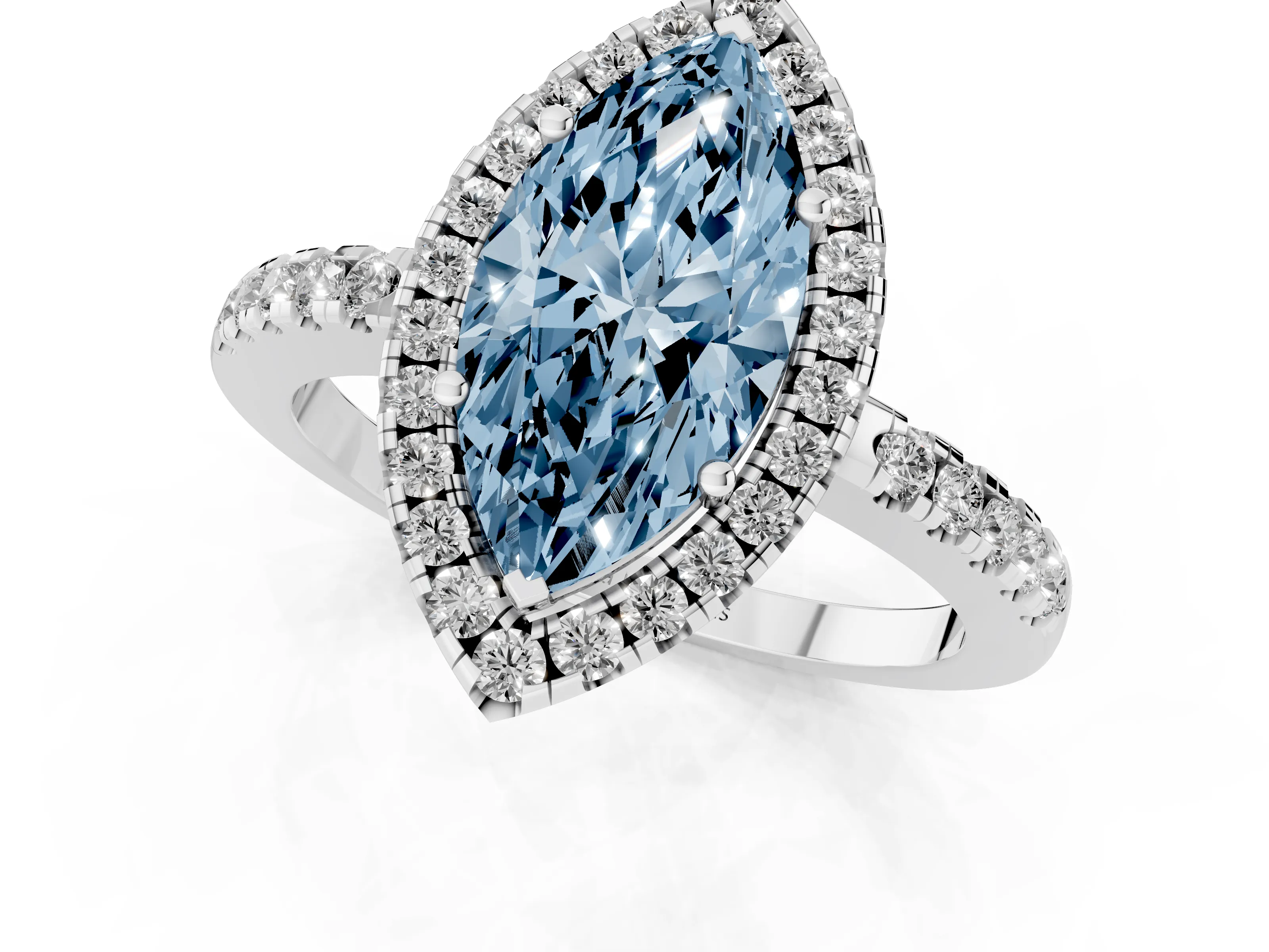 Fancy Blue Marquise Cut Diamond Pavé Band Halo Engagement Ring Set in Platinum with Prong Setting