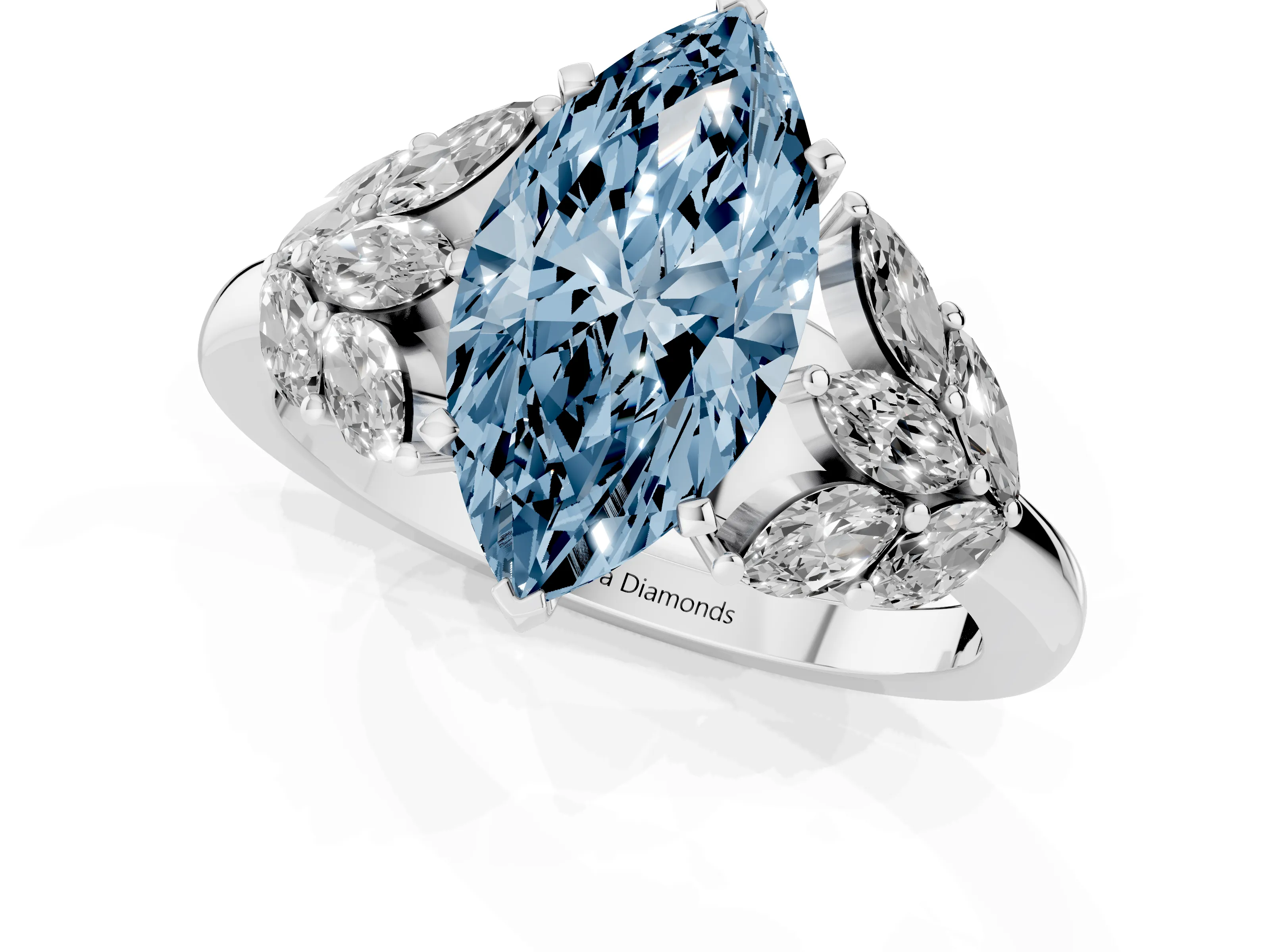 Fancy Blue Marquise Cut Diamond Cluster Leaf Design Ring Set in Platinum with Prong Setting