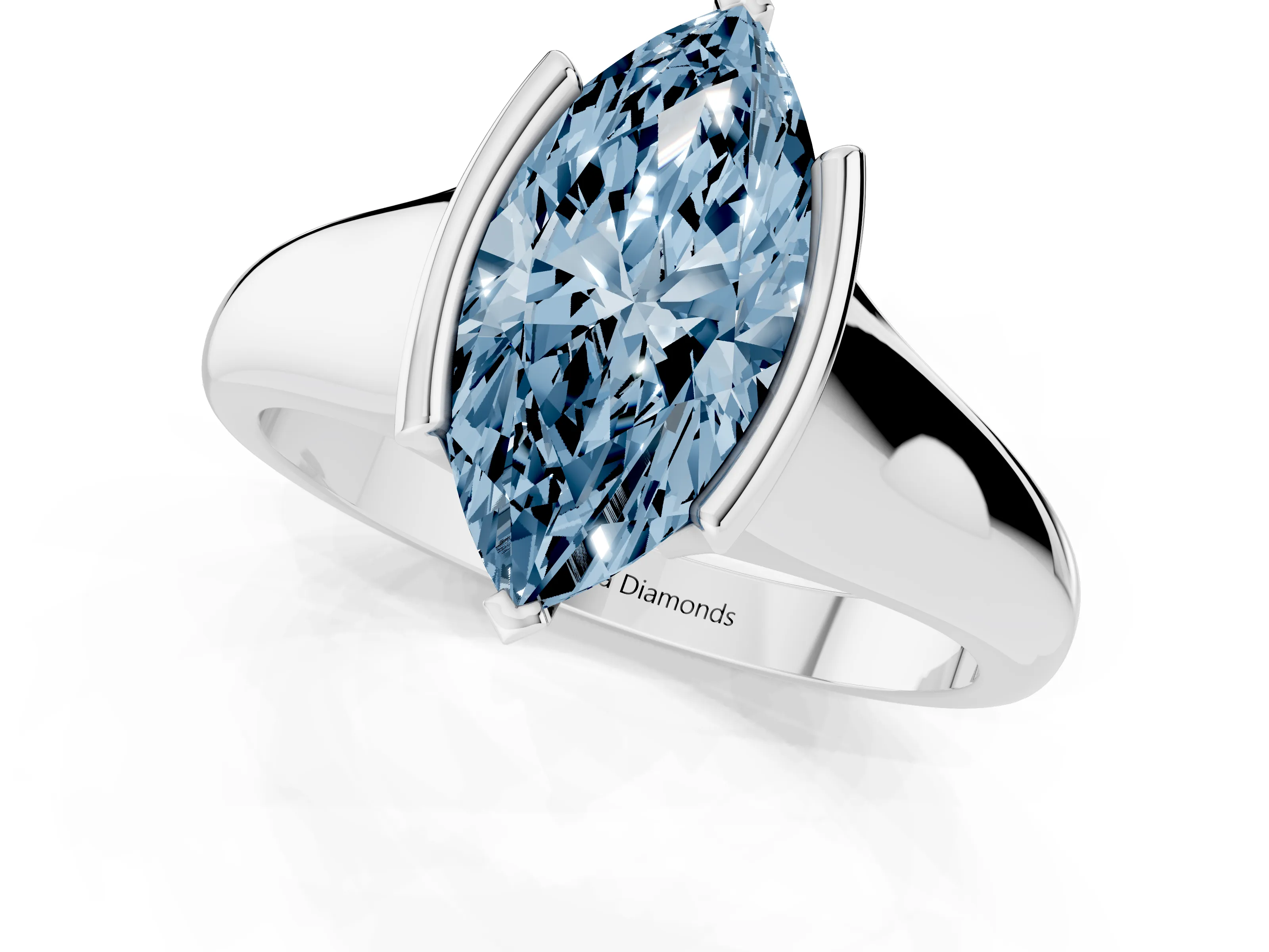 Fancy Blue Marquise Cut Diamond Solitaire Tension Set Ring Set in White gold with Split Shank Band
