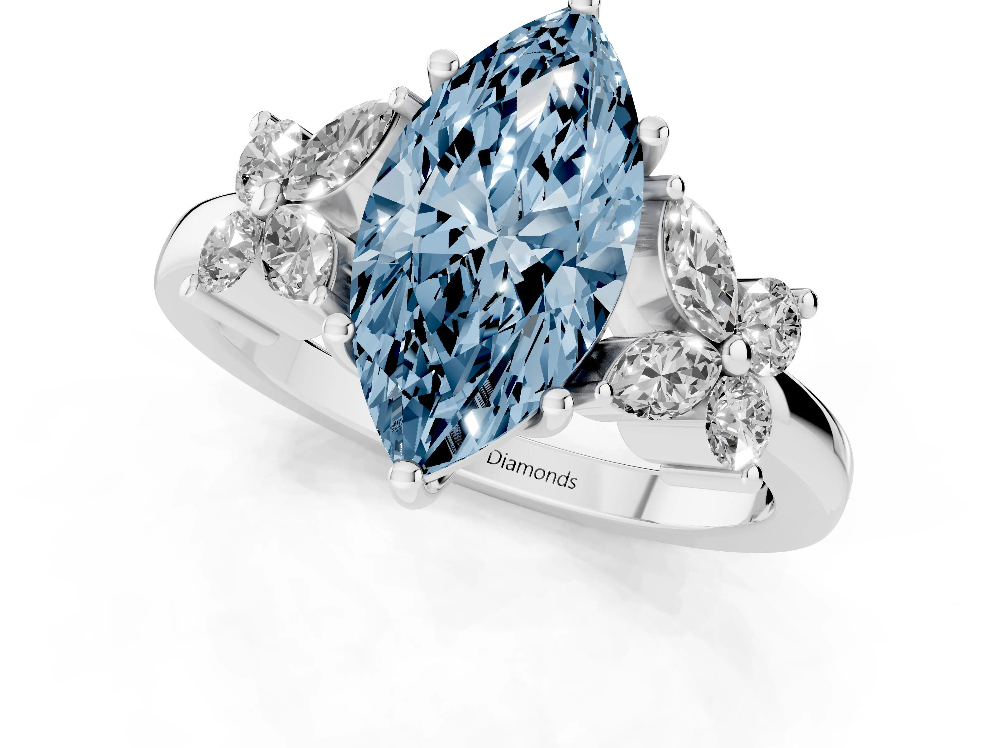 Fancy Blue Marquise Cut Diamond Floral Cluster Ring Set in Silver with Marquise Petals and Prong Setting