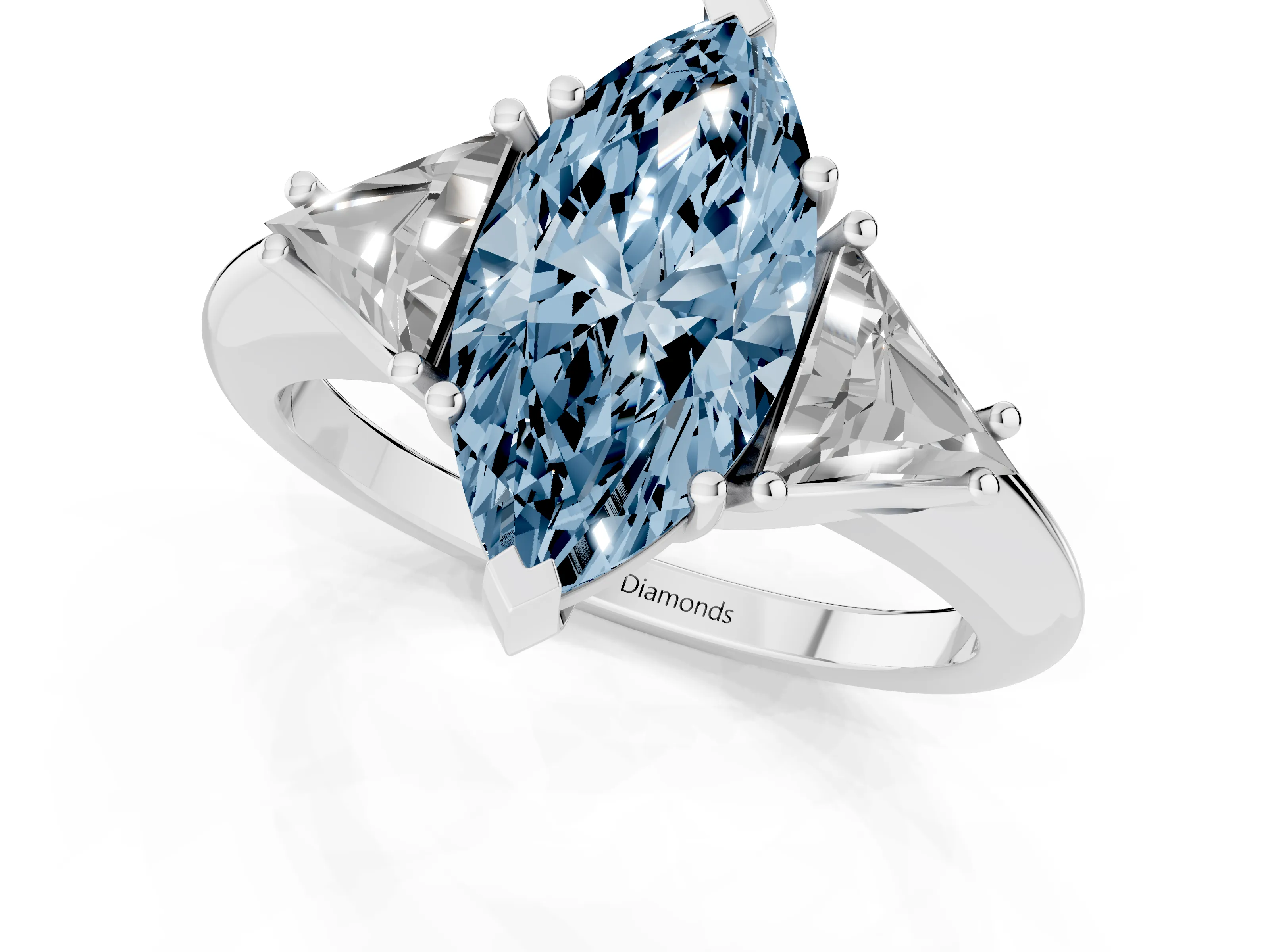 Fancy Blue Marquise Cut Diamond Three-Stone Engagement Ring Set in Platinum with Trillion Side Stones