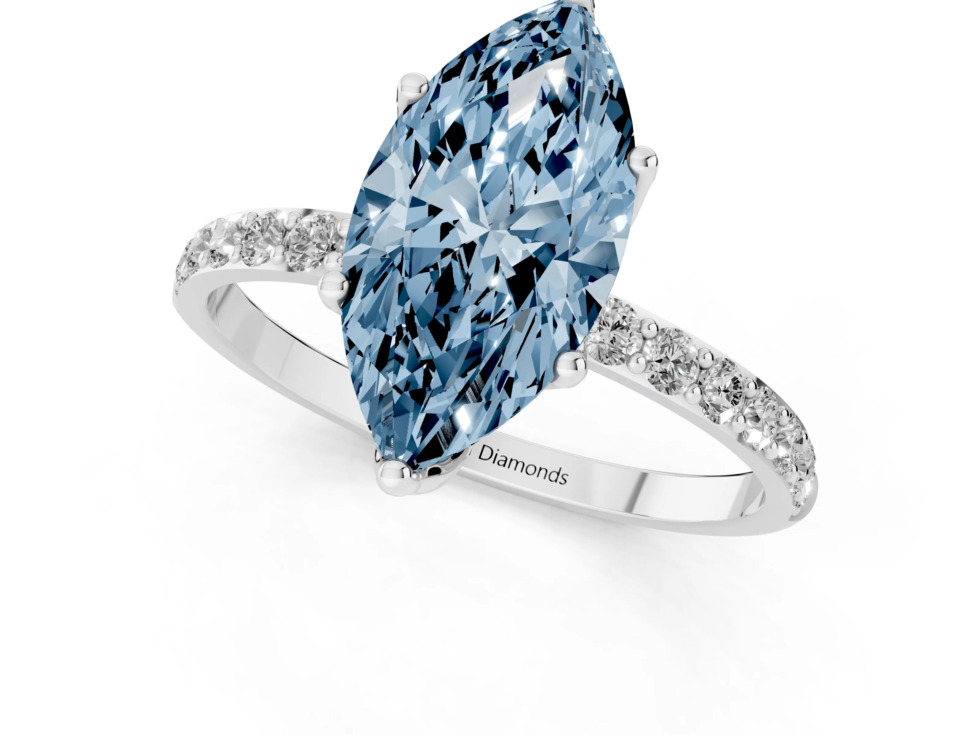 Fancy Blue Marquise Cut Diamond Solitaire Engagement Ring Set in Silver with Round Pavé Band and Prong Setting