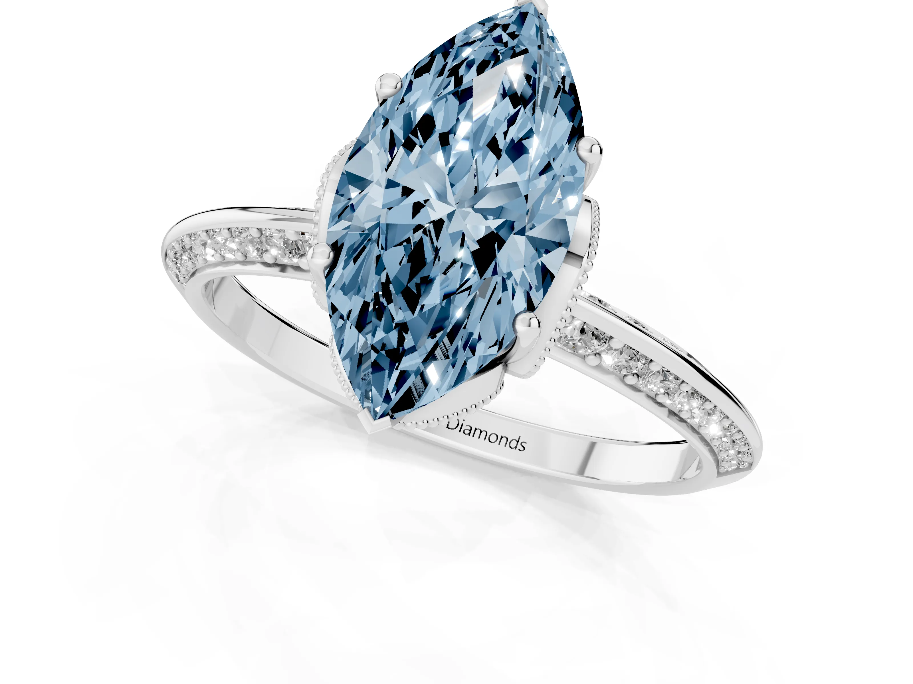 Fancy Blue Marquise Cut Diamond Solitaire Engagement Ring Set in Platinum with Pavé Split Shank and Prong Setting