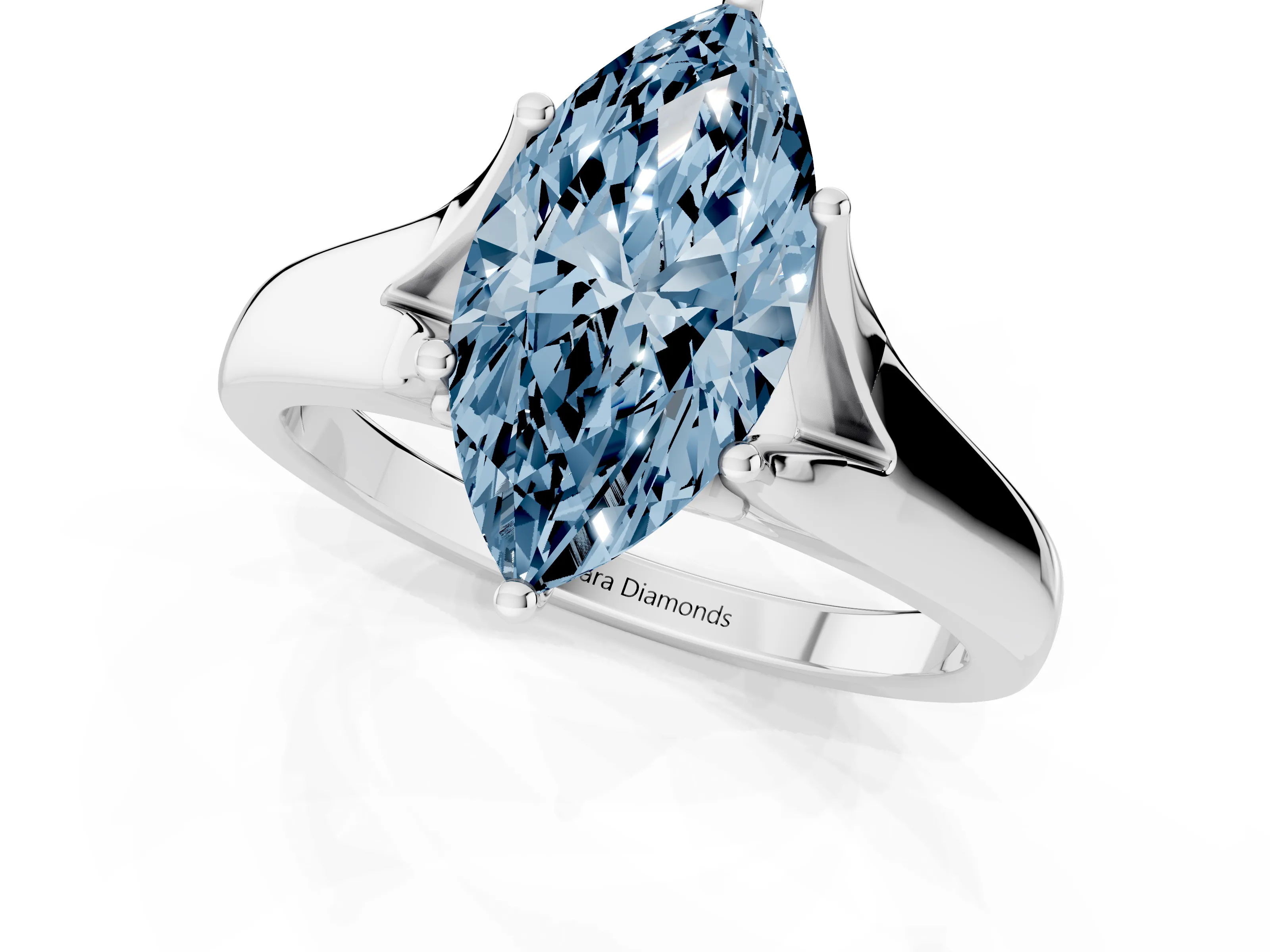 Fancy Blue Marquise Cut Diamond Solitaire Ring Set in White gold with Arched Cathedral Band and Prong Setting