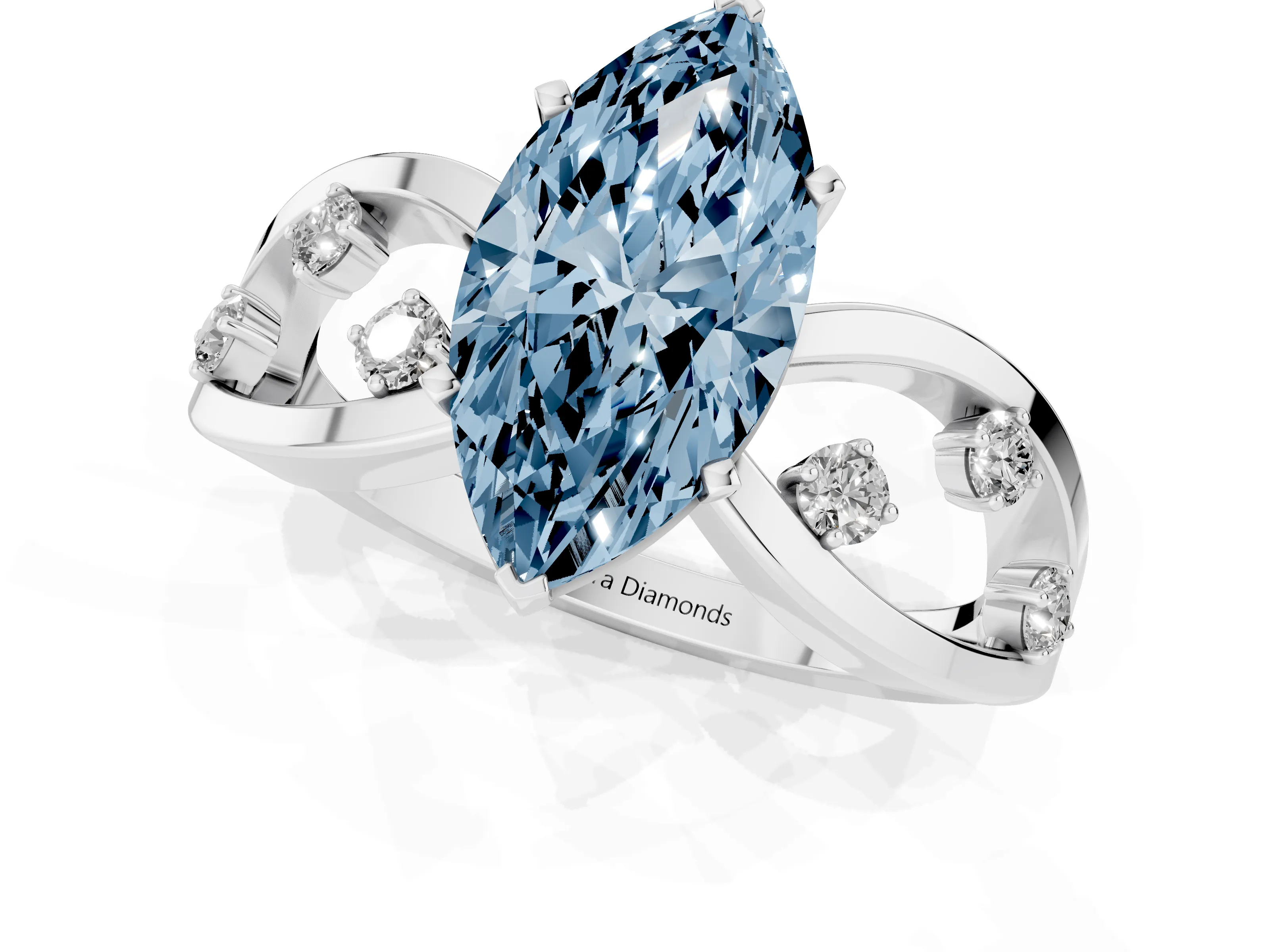 Fancy Blue Marquise Cut Diamond Solitaire Ring Set in Silver with Side Stones on Criss-Cross Band and Prong Setting