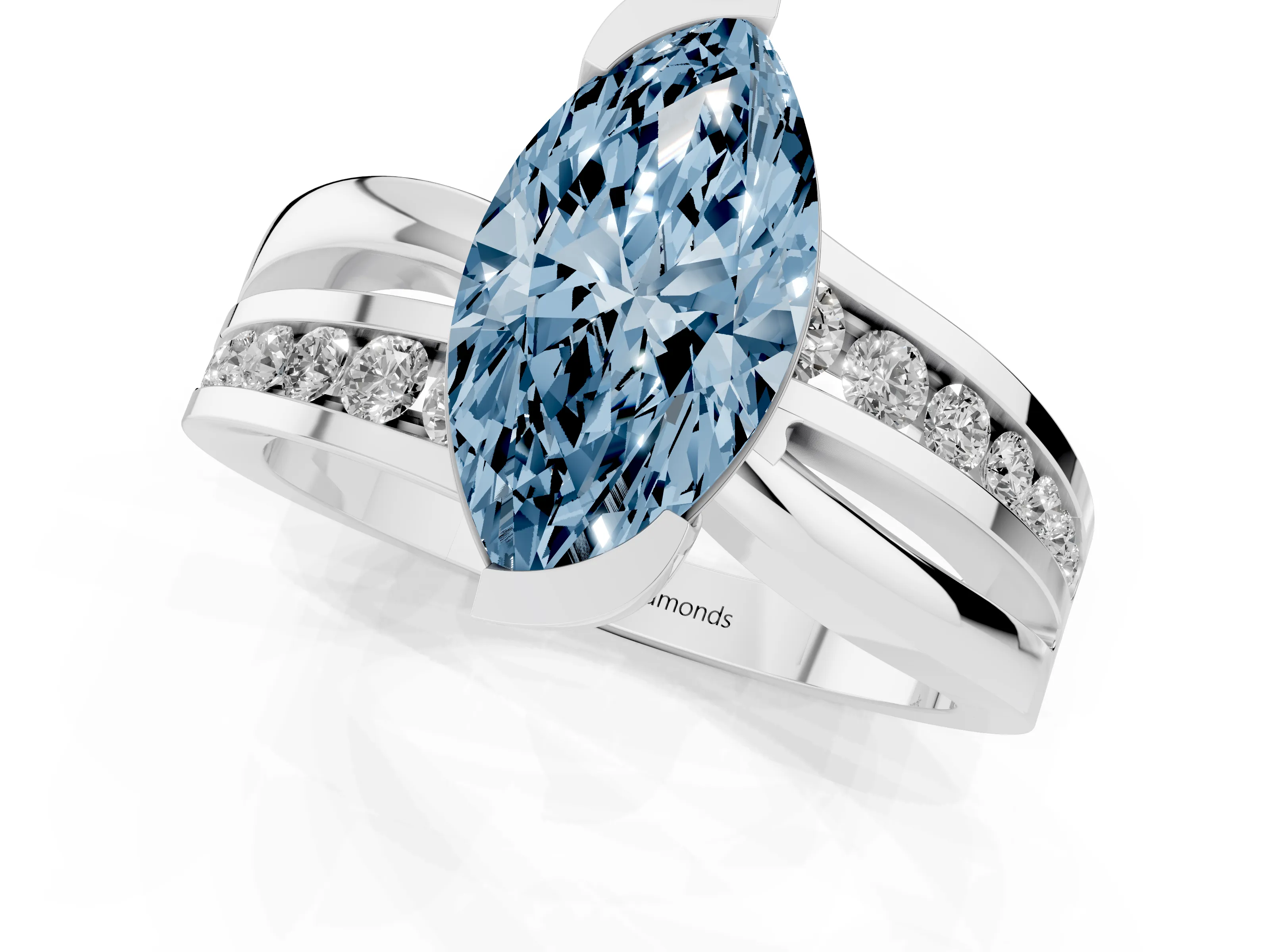 Fancy Blue Marquise Cut Diamond Solitaire Ring Set in Platinum with Channel Set Split Shank and Tension Prongs
