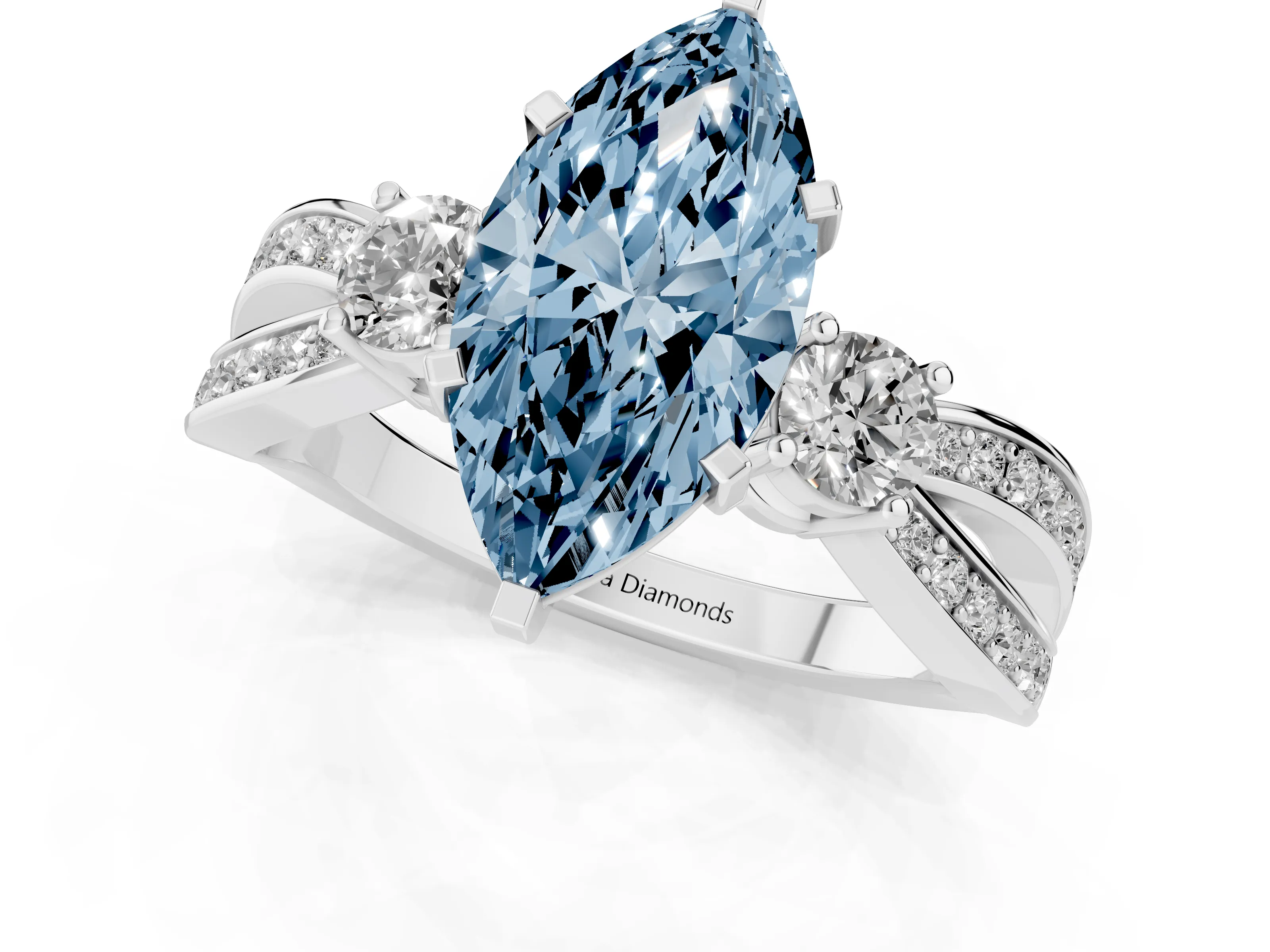 Fancy Blue Three-Stone Marquise Cut Diamond Twist Band Ring Set in White gold with Pavé Accents and Prong Setting