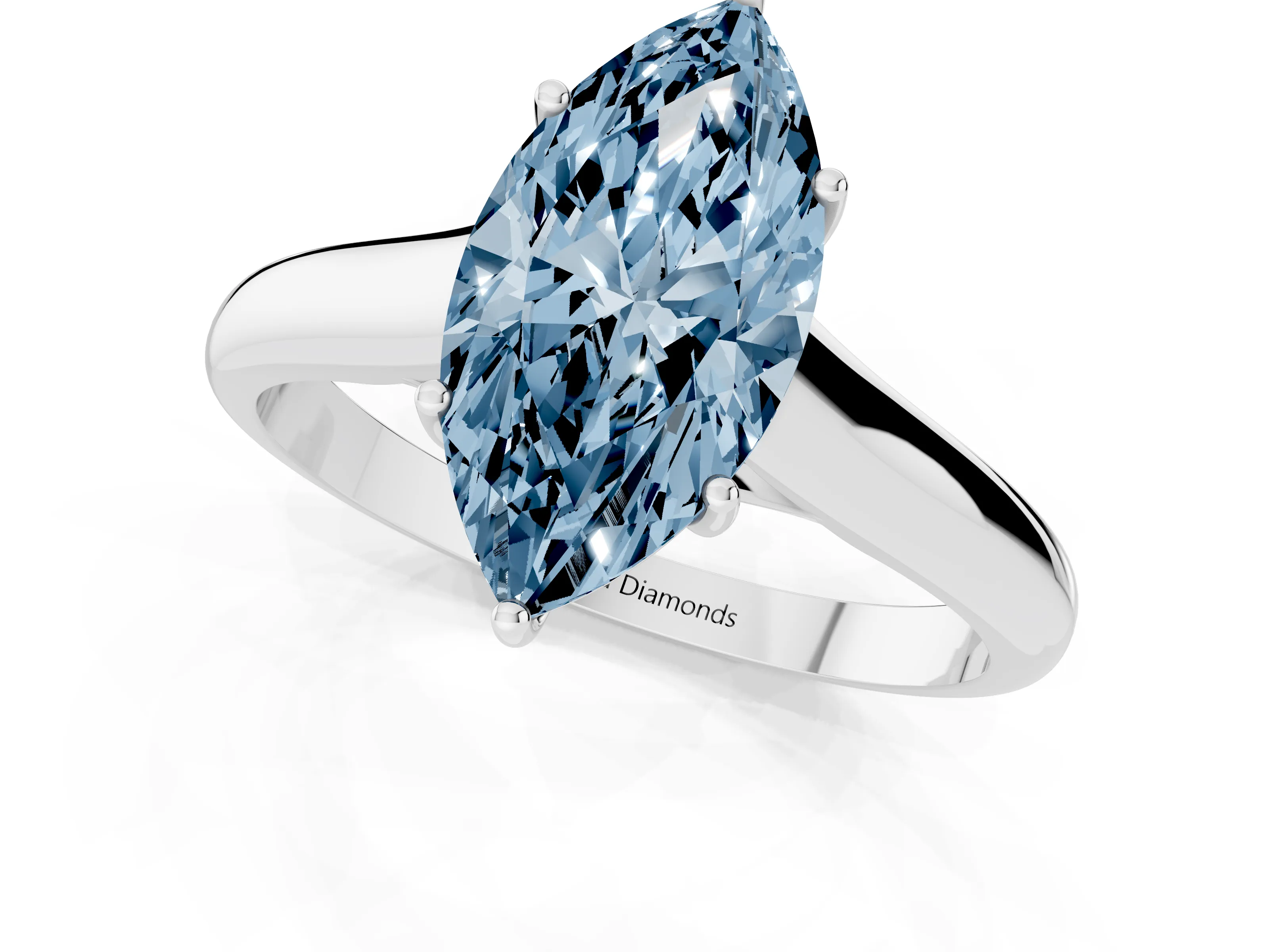 Fancy Blue Marquise Cut Diamond Solitaire Engagement Ring Set in White gold with Subtly Tapered Band and Prong Setting