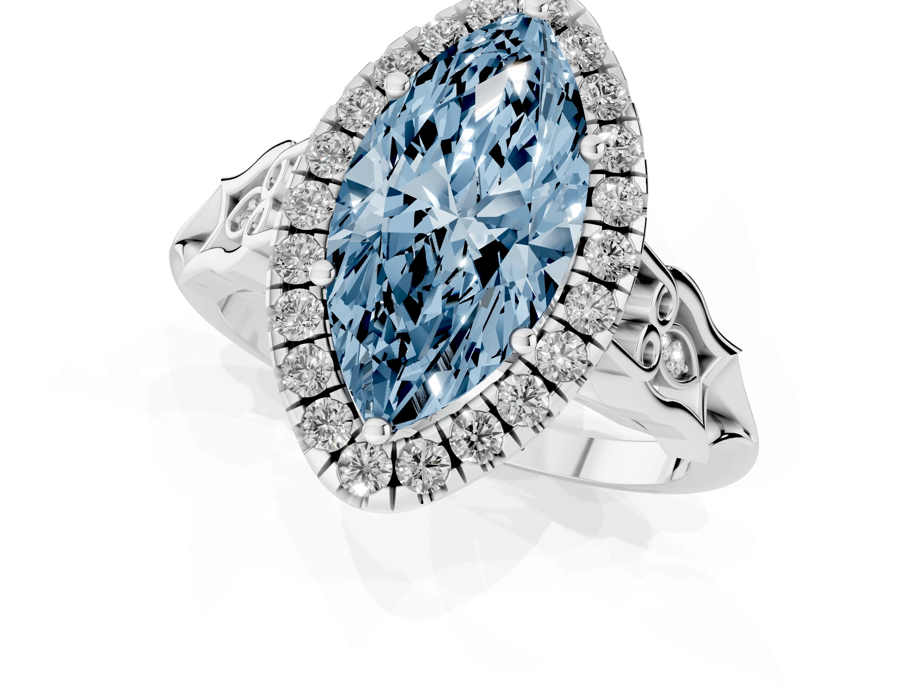 Fancy Blue Marquise Cut Diamond Halo Engagement Ring Set in White gold with Filigree Band and Prong-Set Center