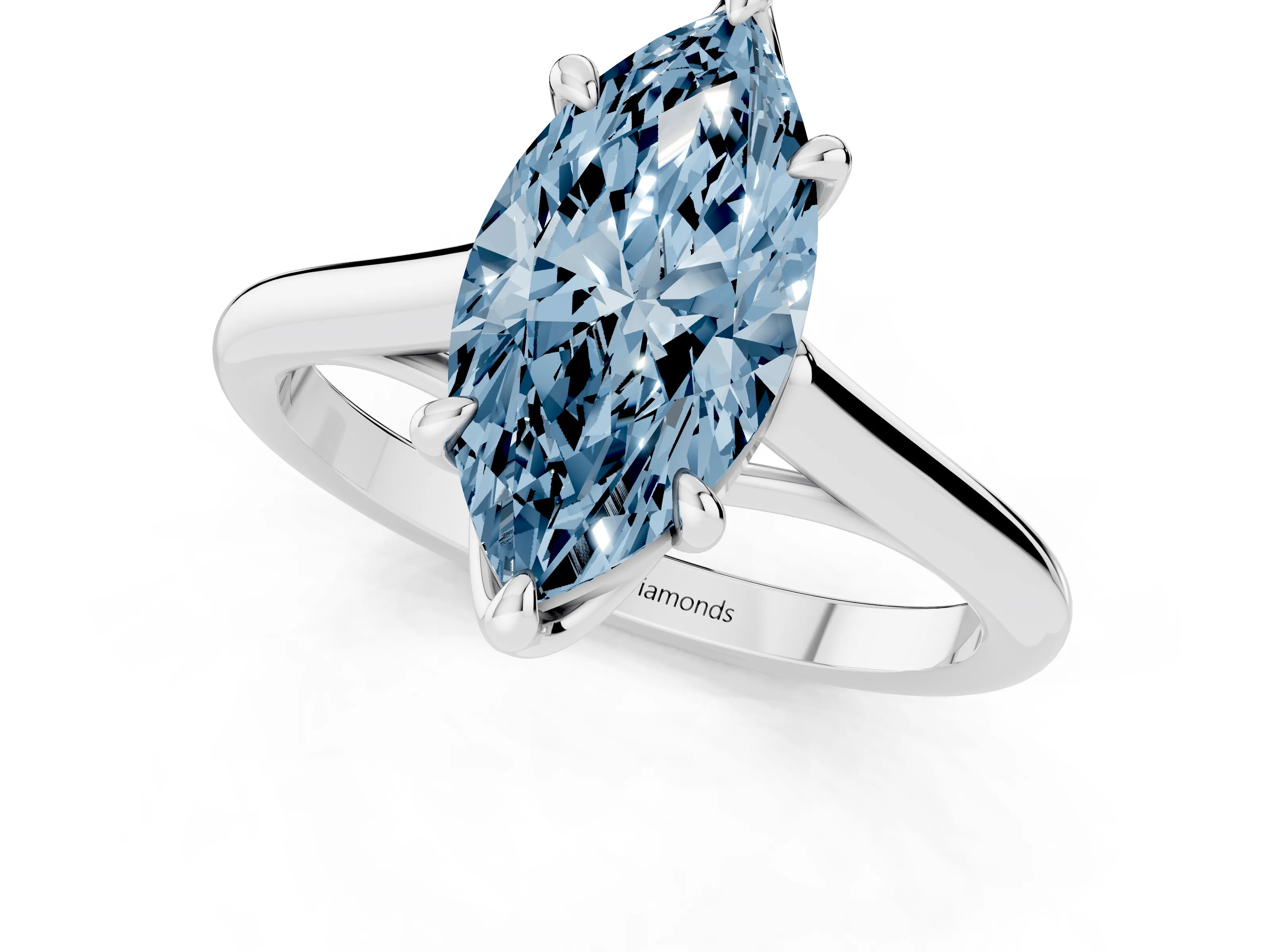 Fancy Blue Marquise Cut Diamond Solitaire Engagement Ring Set in White gold with Prong Setting and Plain Classic Band