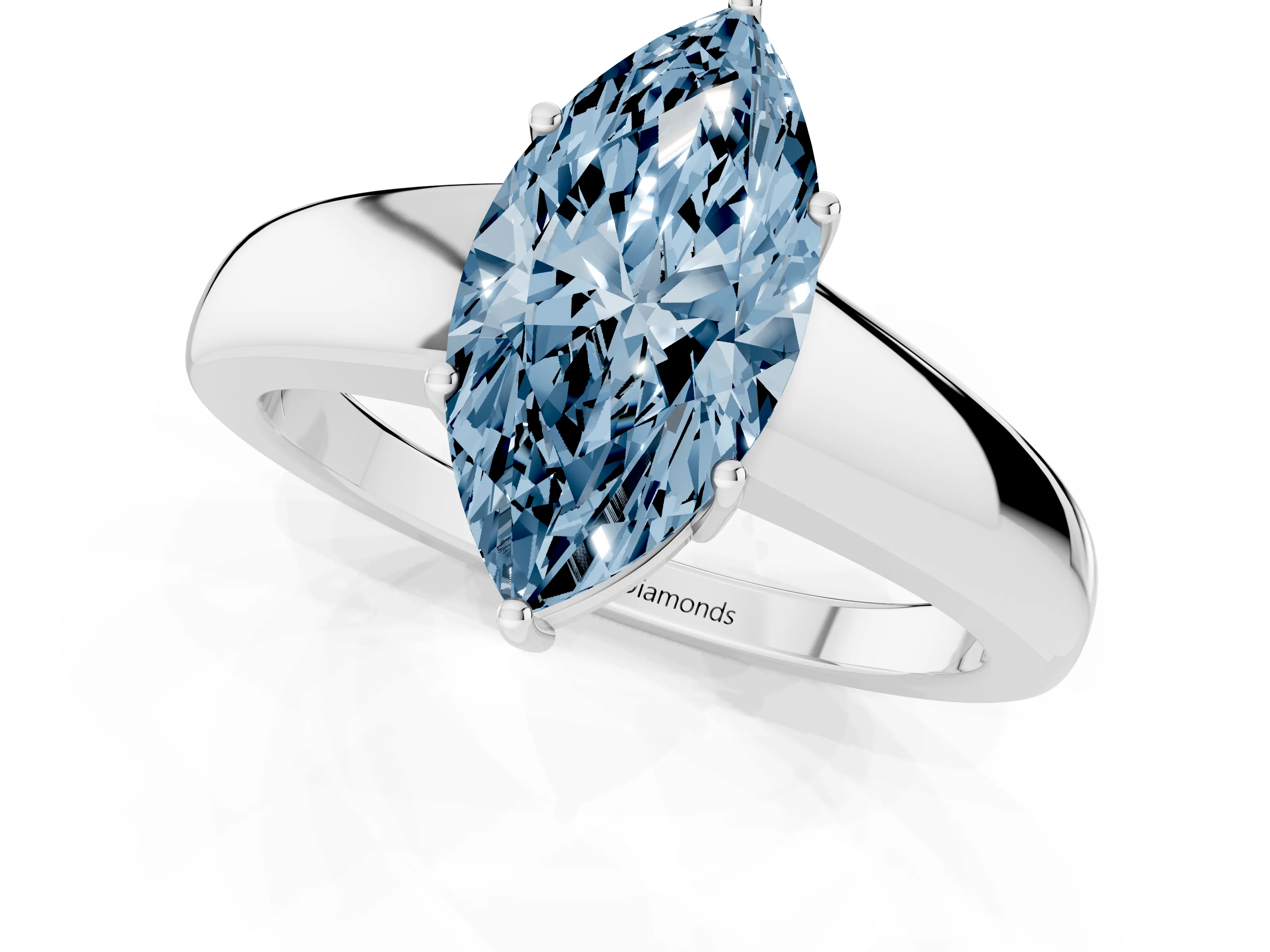 Fancy Blue Marquise Cut Diamond Solitaire Ring Set in Silver with Tapered Band and Prong Setting