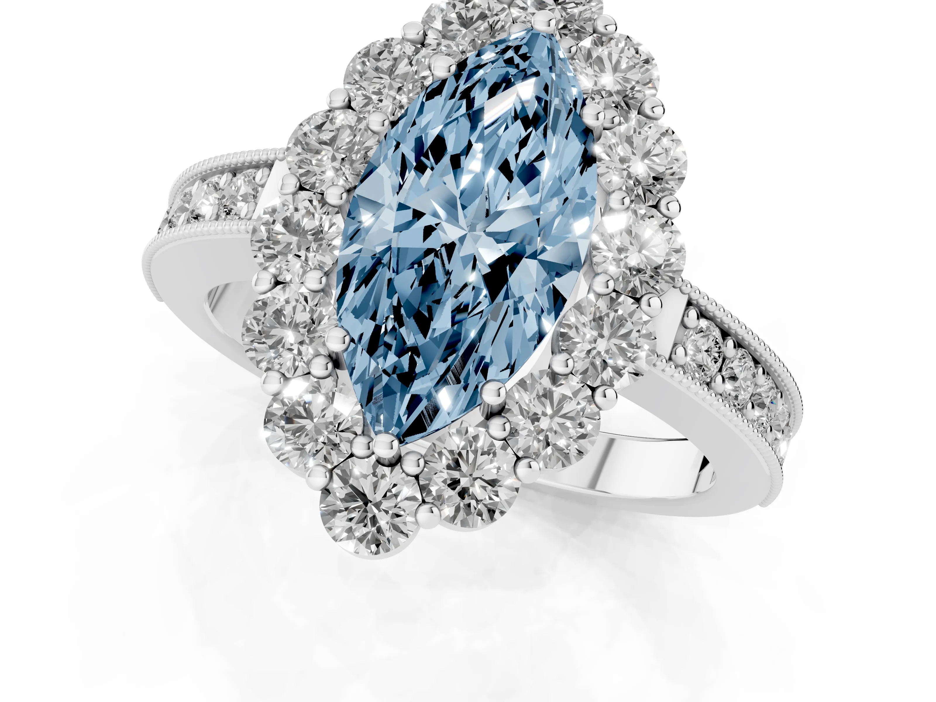 Fancy Blue Marquise Cut Diamond Halo Pavé Engagement Ring Set in Platinum with Milgrain Detailing