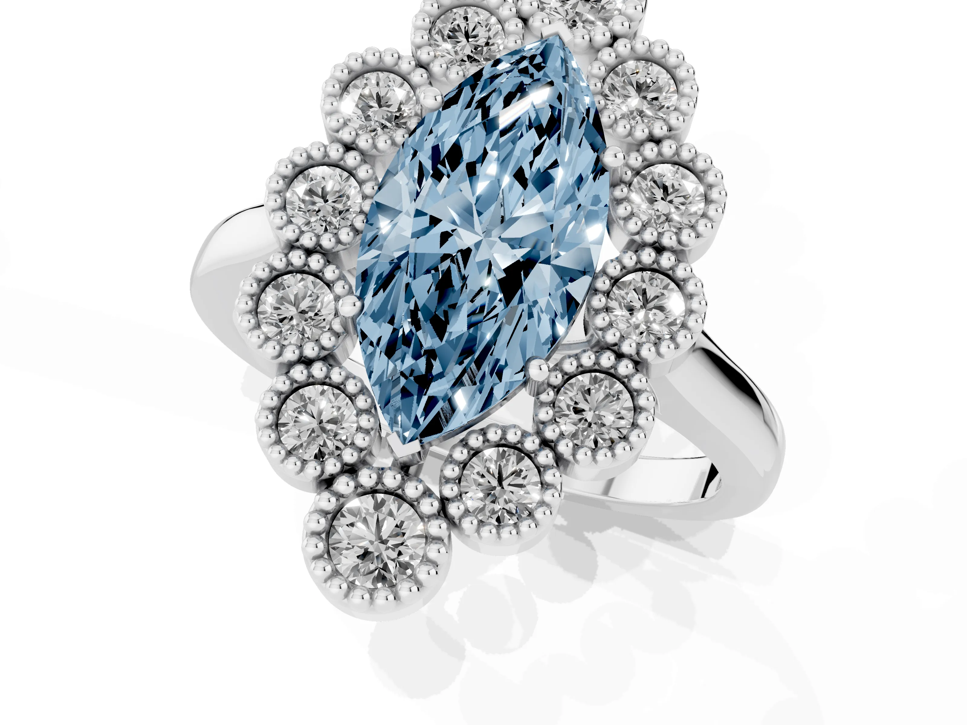 Fancy Blue Marquise Cut Diamond Cluster Halo Ring Set in Silver with Milgrain Bezel Accents and Plain Band