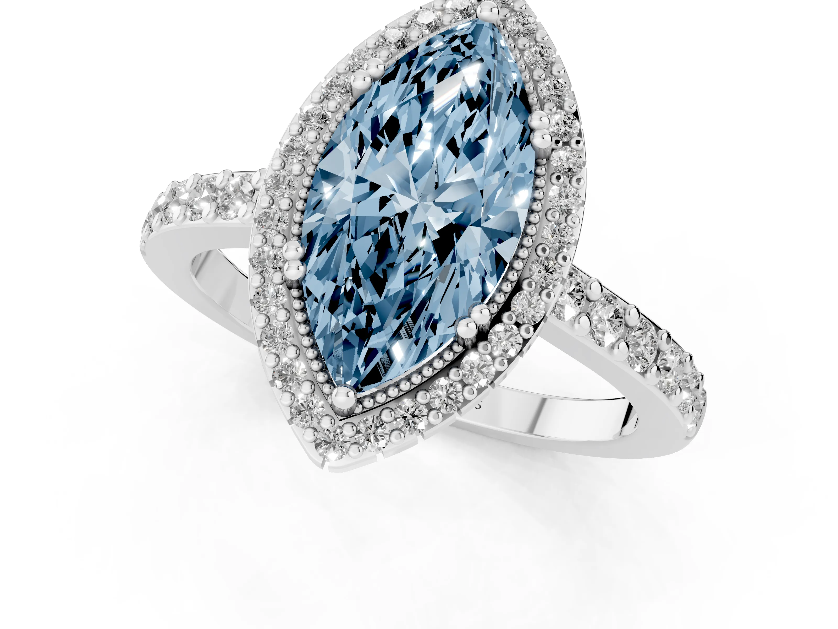 Fancy Blue Marquise Cut Diamond Halo Engagement Ring Set in Platinum with Milgrain Detail and Pavé Band