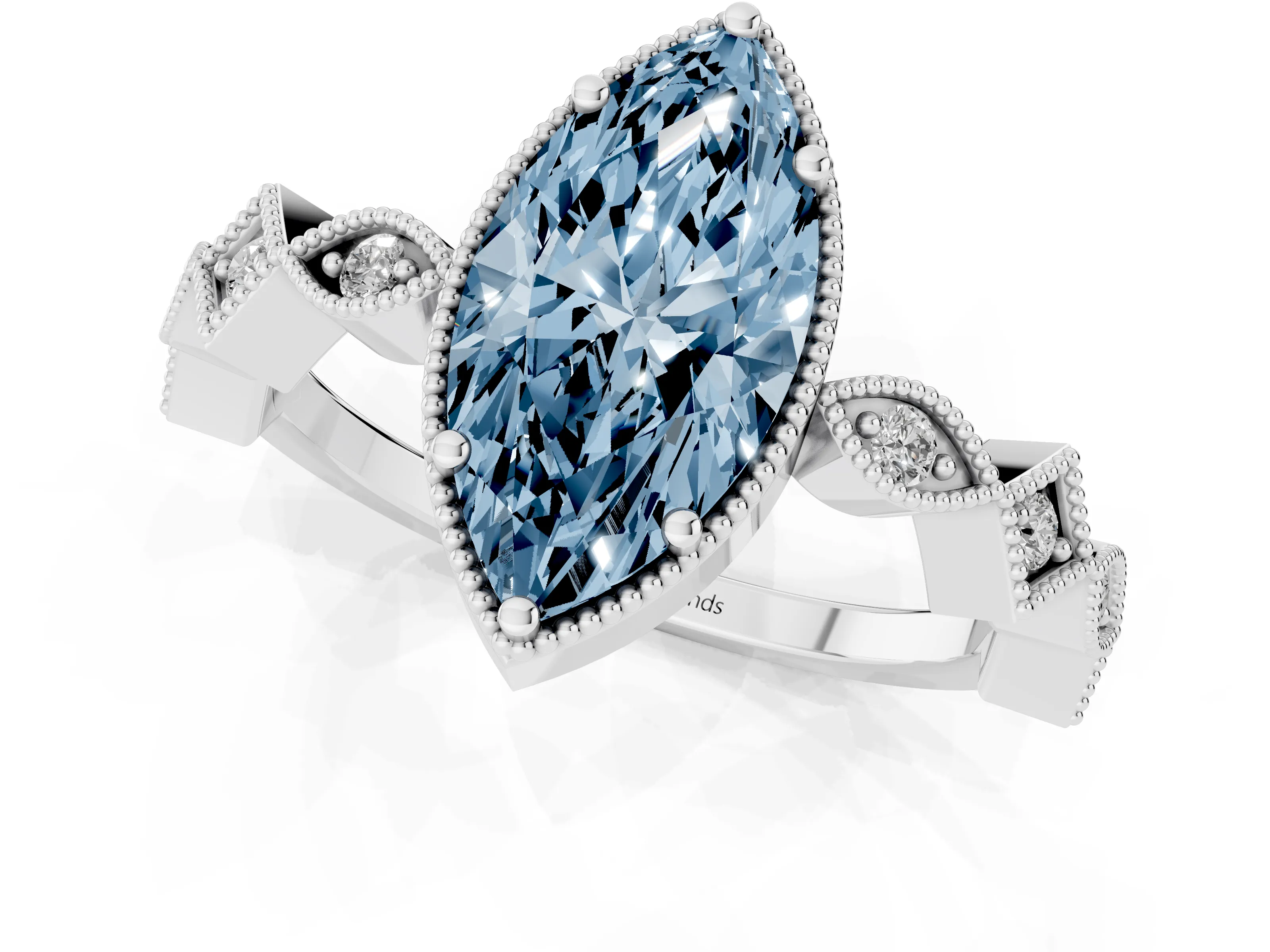 Fancy Blue Marquise Cut Diamond Milgrain Marquise Twist Band Ring Set in White gold with Prong Setting