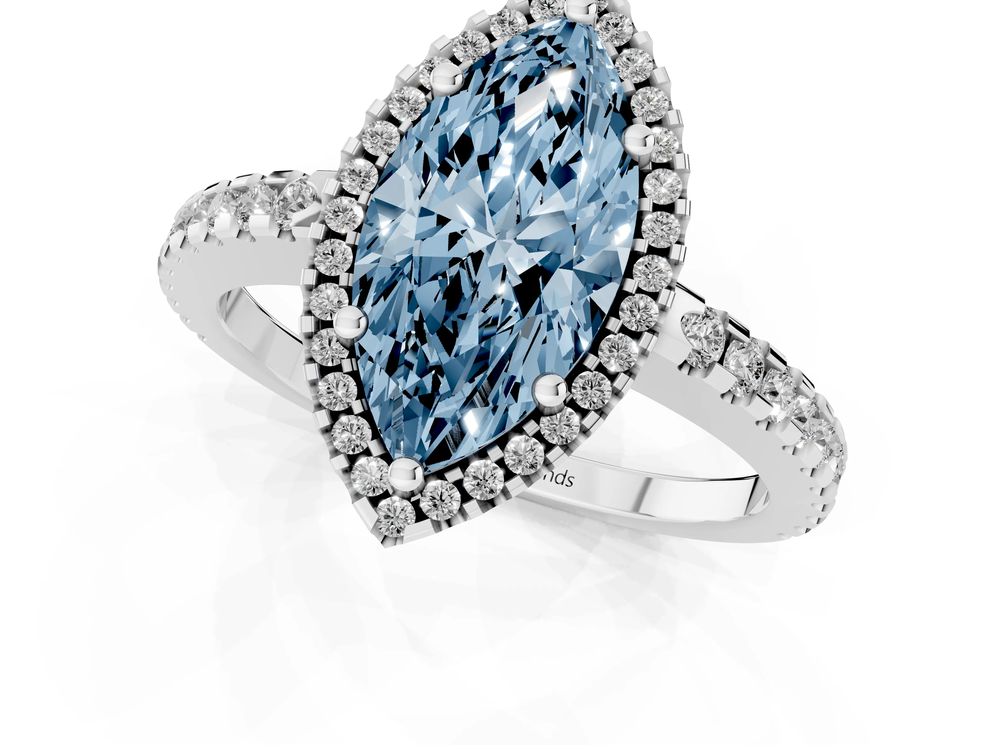 Fancy Blue Marquise Cut Diamond Halo Ring Set in Silver with Pavé Shoulders and Halo-Framed Center