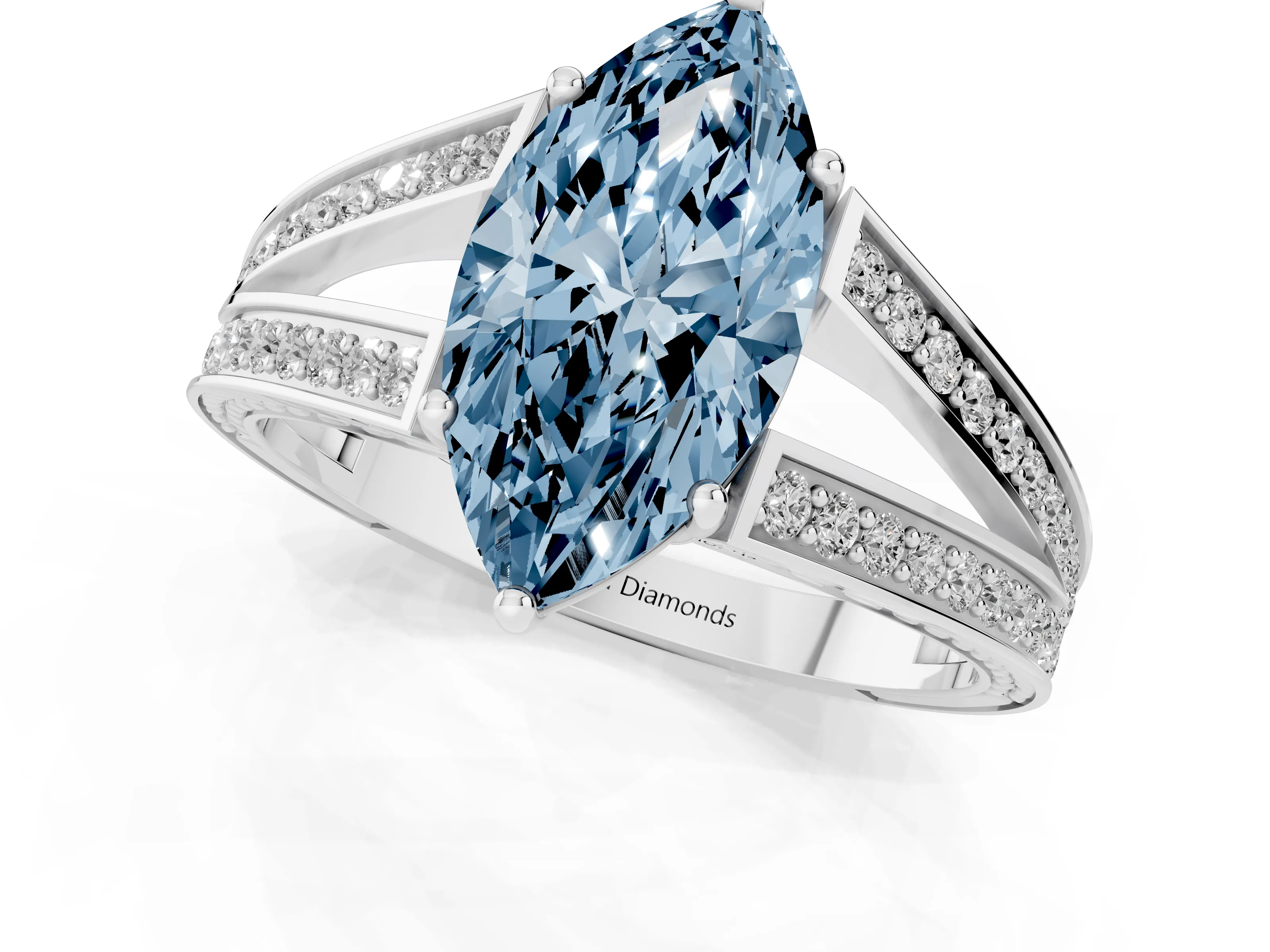 Fancy Blue Marquise Cut Diamond Split Shank Ring Set in Silver with Pavé Band and Prong Setting