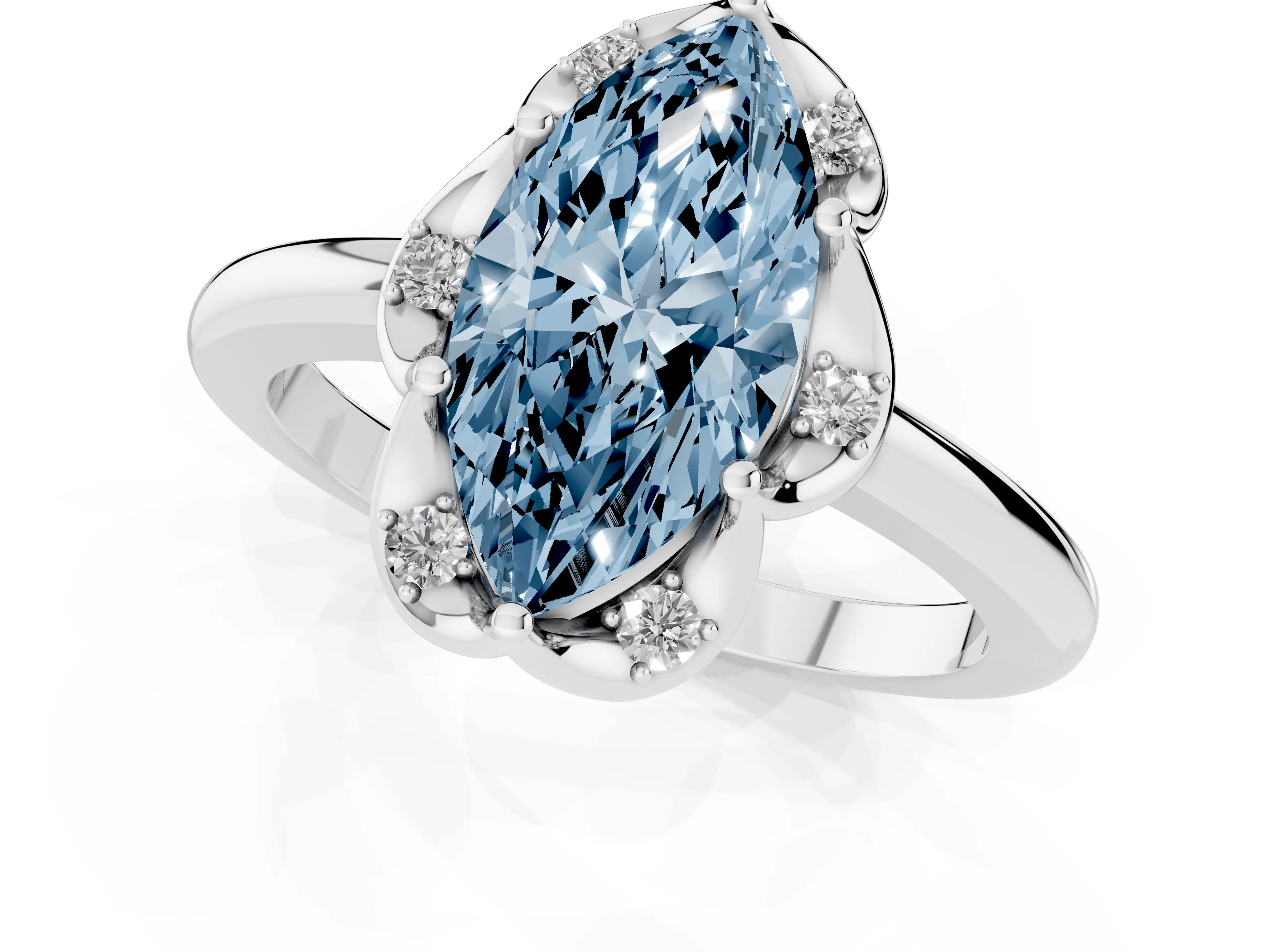 Fancy Blue Marquise Cut Diamond Round Cluster Halo Ring Set in White gold with Solitaire Band and Prong Setting