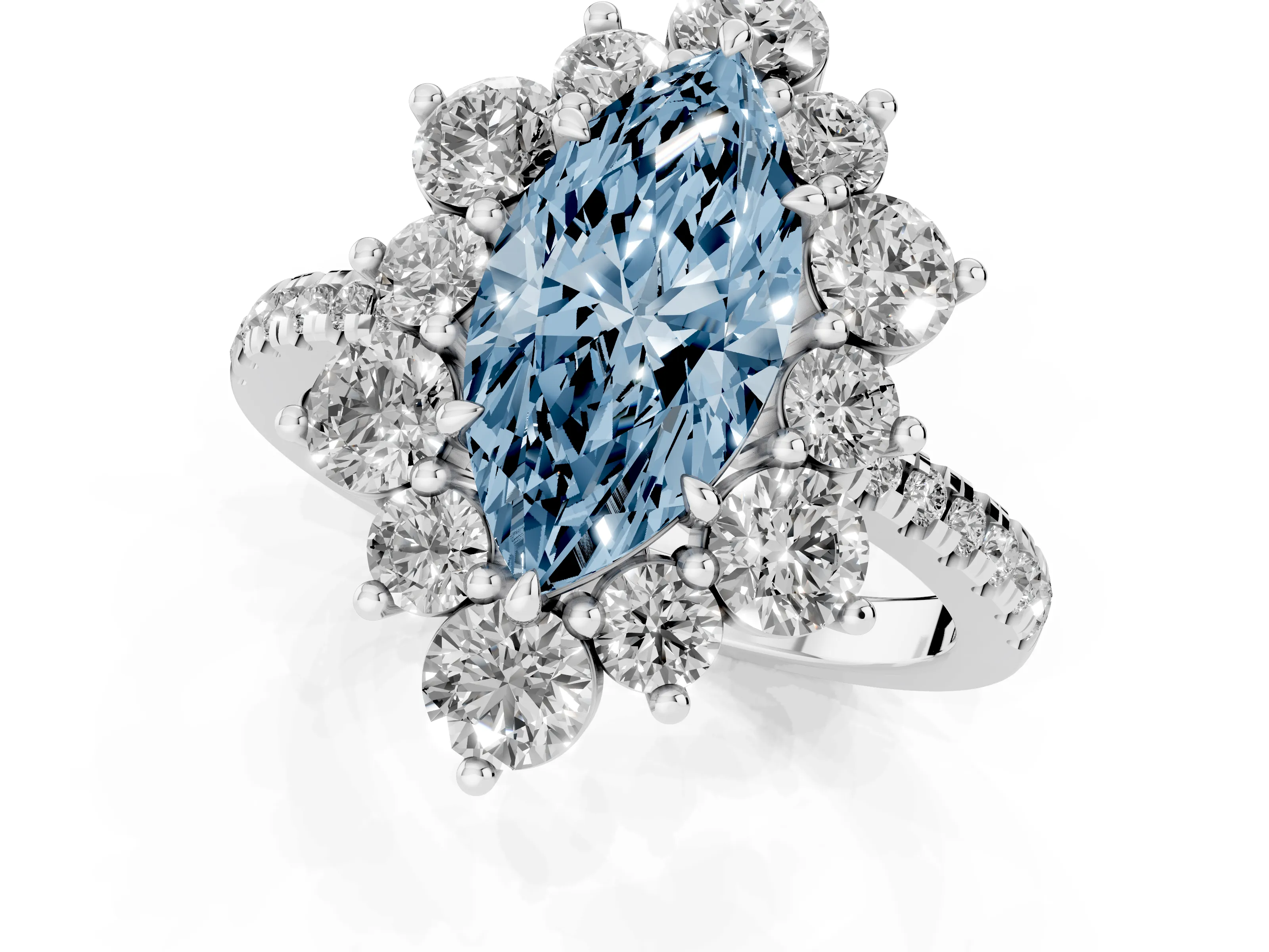 Fancy Blue Marquise Cut Diamond Floral Halo Ring Set in White gold with Round Pavé Band and Prong Setting