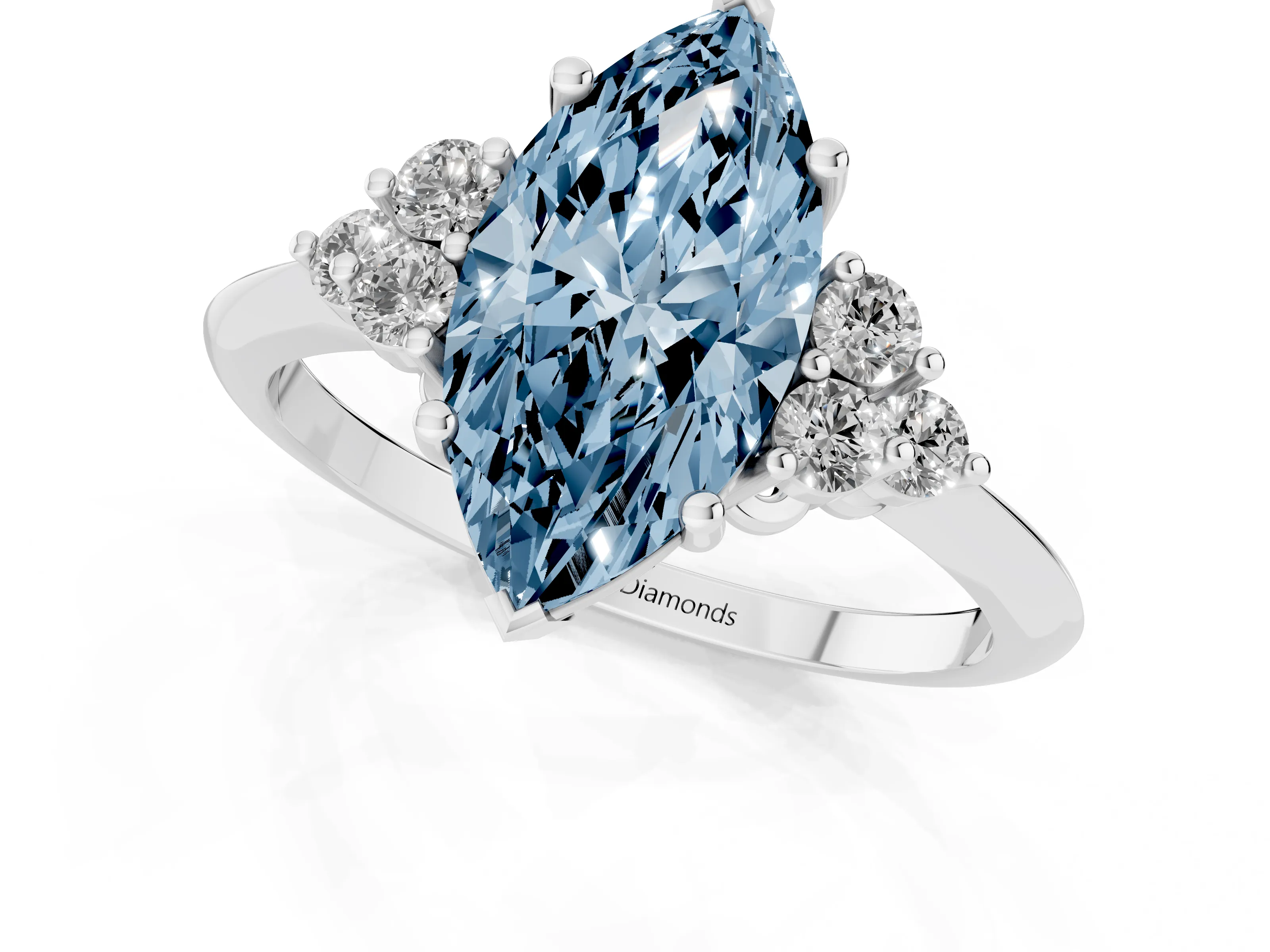 Fancy Blue Marquise Cut Diamond Cluster Ring Set in Silver with Plain Band and Prong Setting
