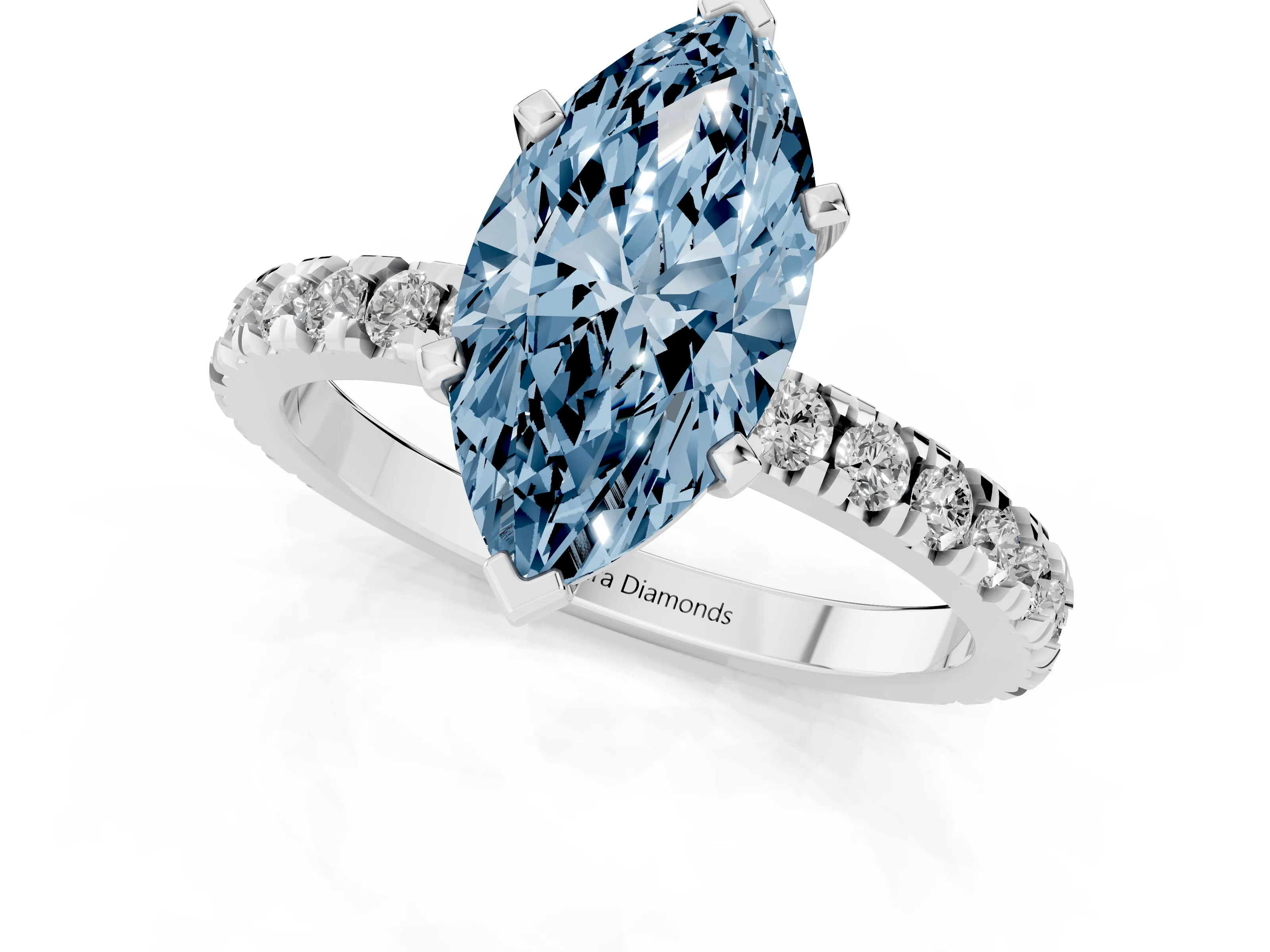 Fancy Blue Marquise Cut Diamond Pavé Band Solitaire Set in White gold with Prong Setting