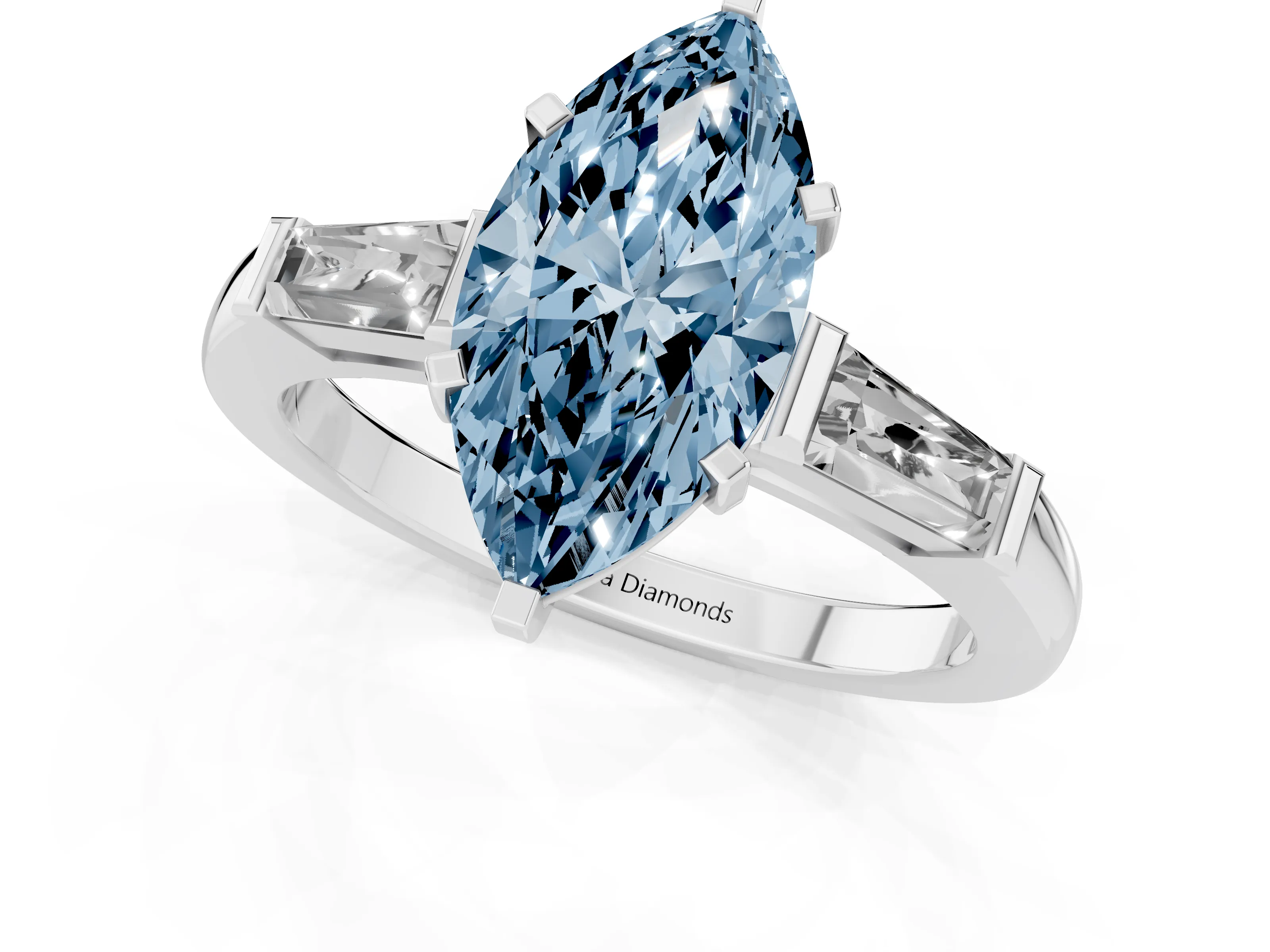 Fancy Blue Marquise Cut Diamond Solitaire Ring Set in Silver with Tapered Baguette Side Stones and Prong Setting