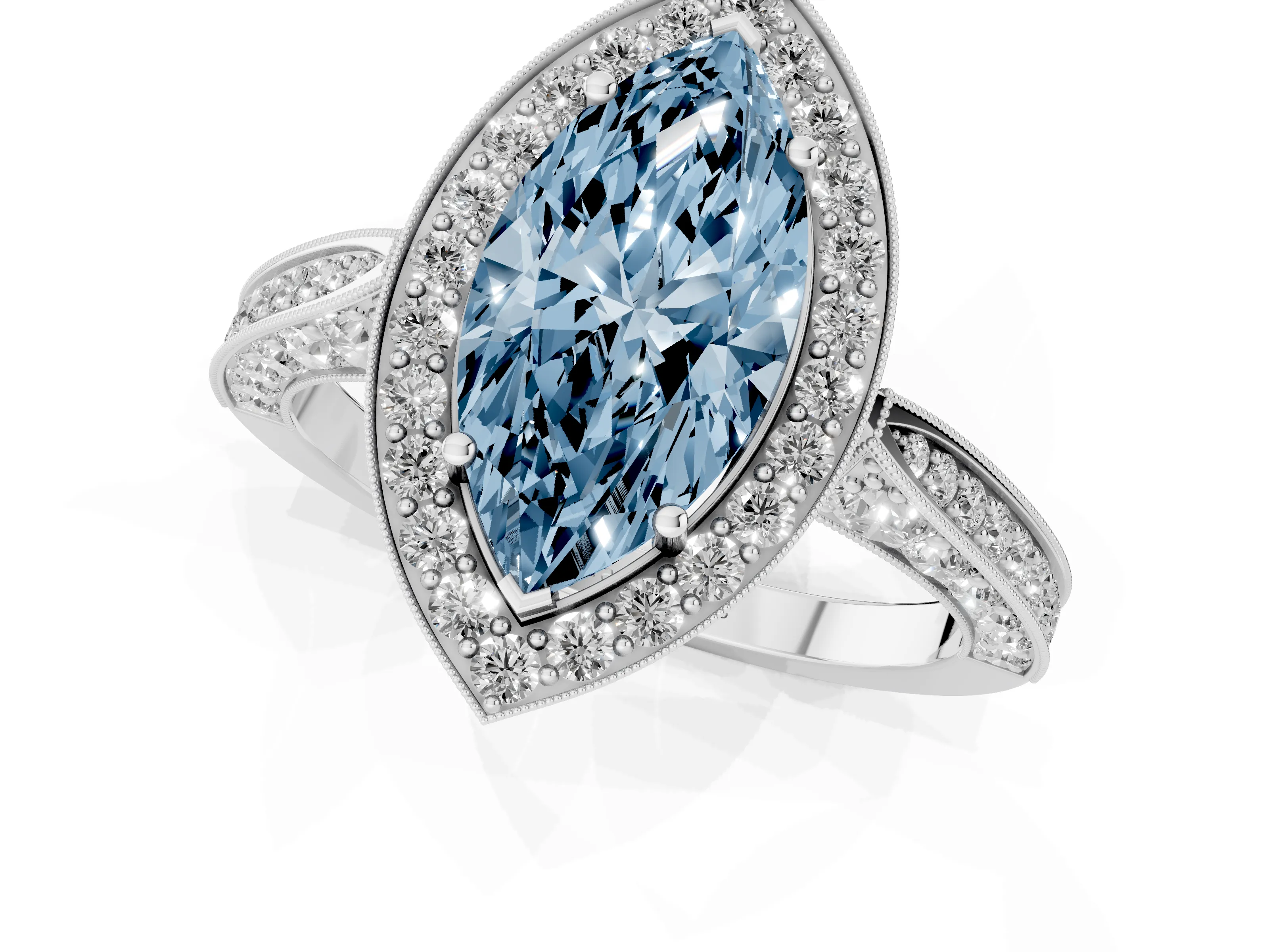 Fancy Blue Marquise Cut Diamond Halo Engagement Ring Set in Platinum with Accent Split Shank Band