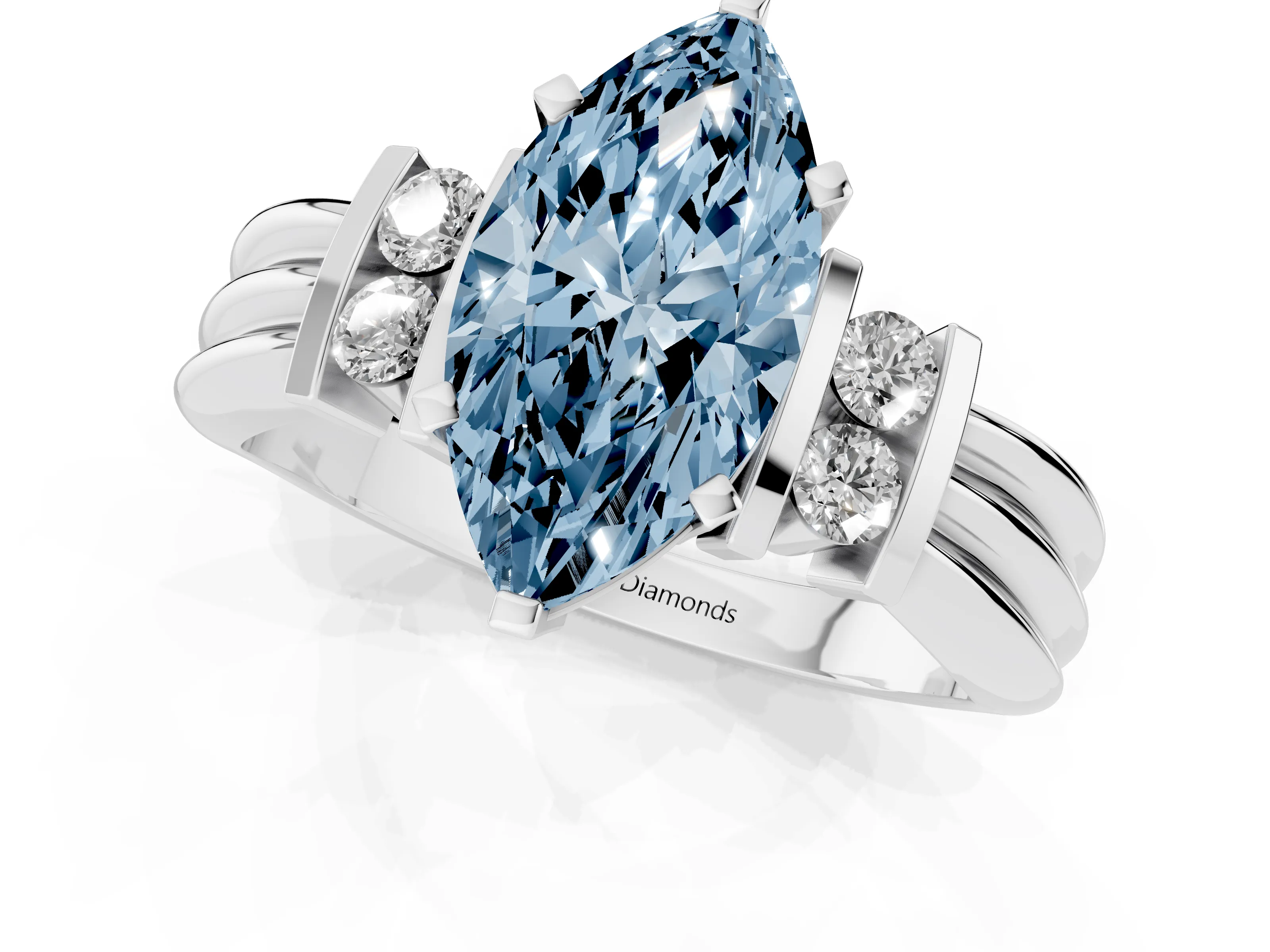 Fancy Blue Three-Stone Marquise Cut Diamond Channel Set Ring Set in Platinum with Bar Prongs