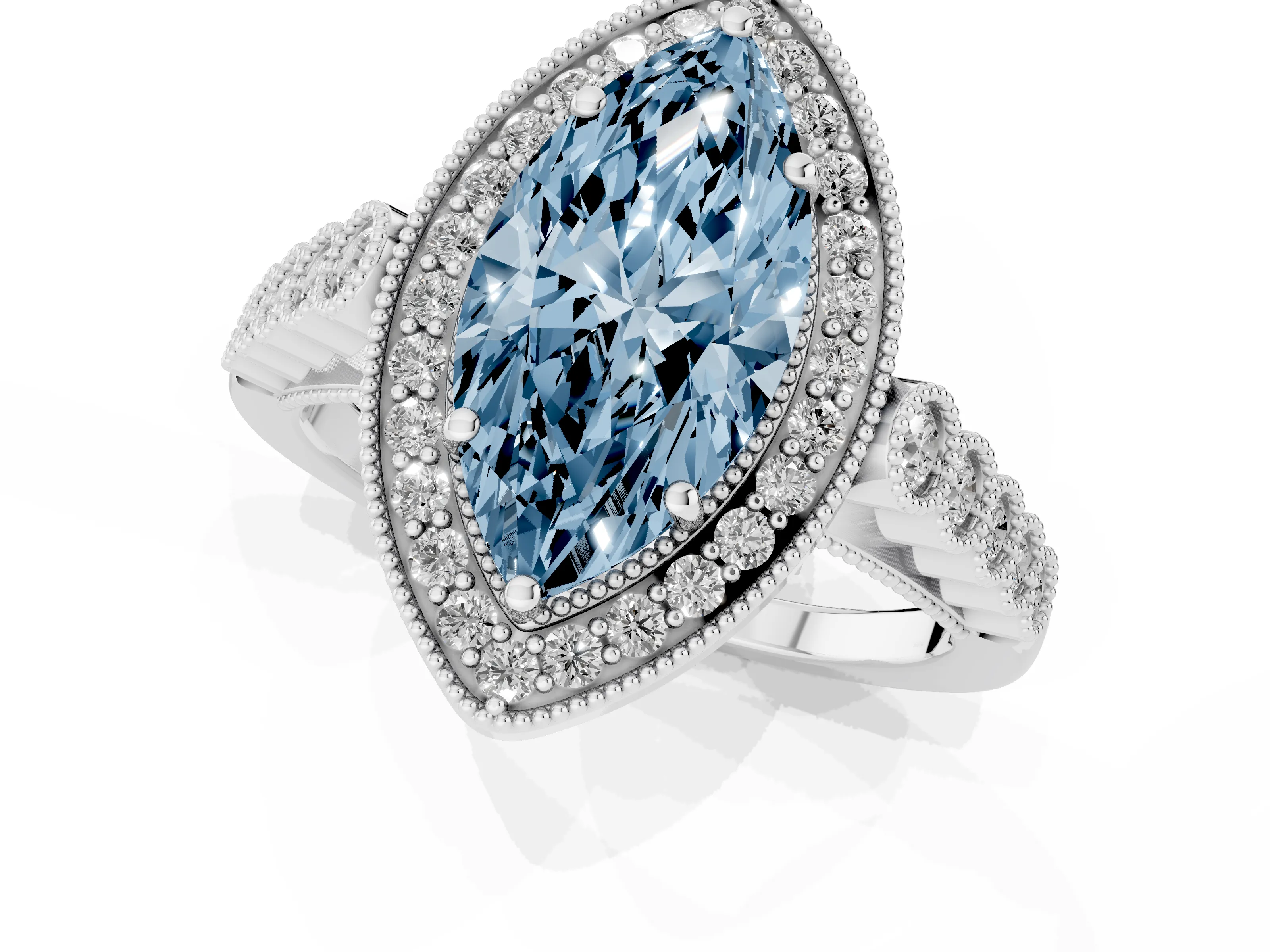 Fancy Blue Marquise Cut Diamond Milgrain Halo Solitaire Ring Set in Platinum with Bezel Set Side Stones and Pavé Band