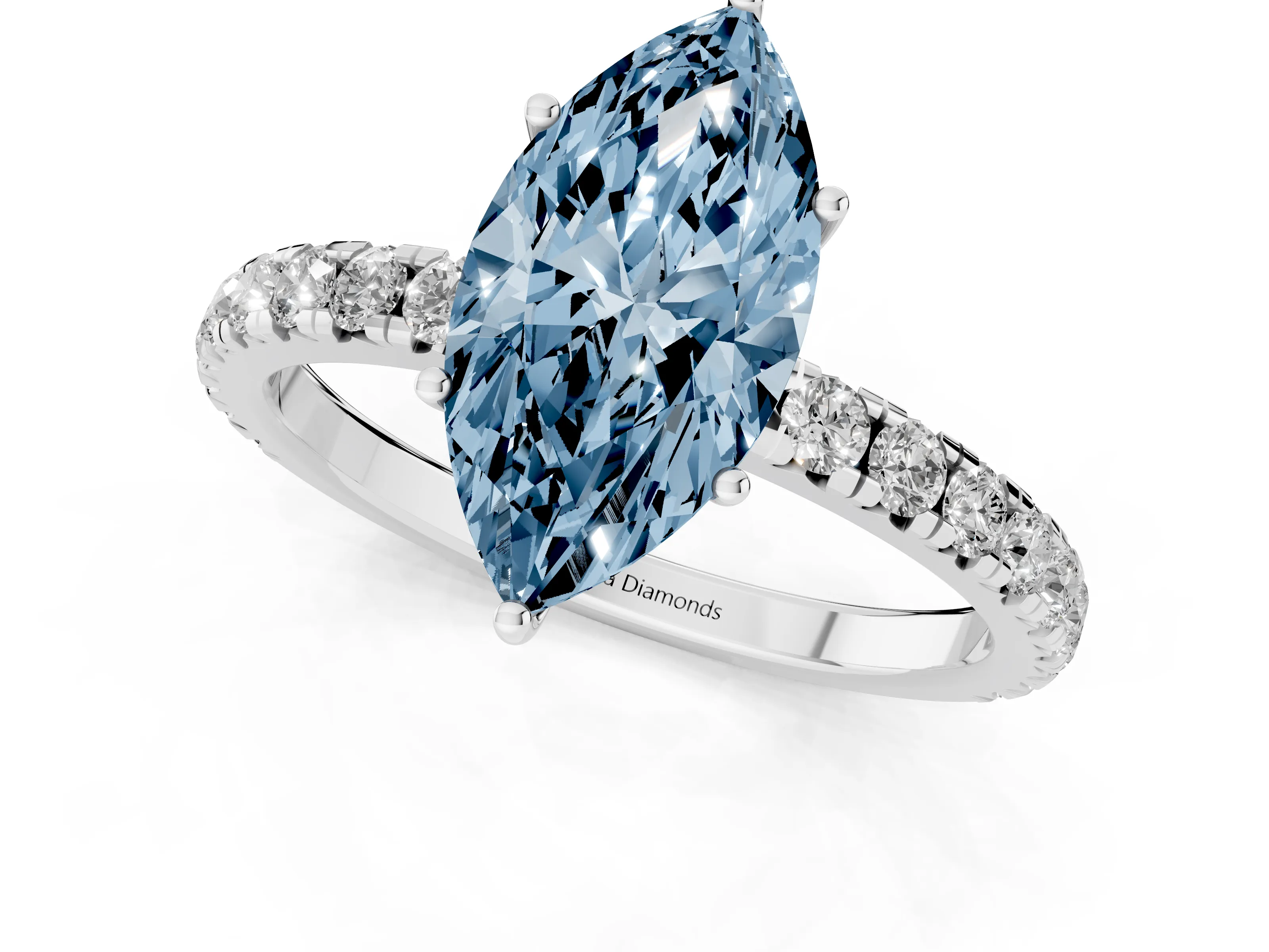Fancy Blue Marquise Cut Diamond Pavé Solitaire Engagement Ring Set in White gold with Prong Setting