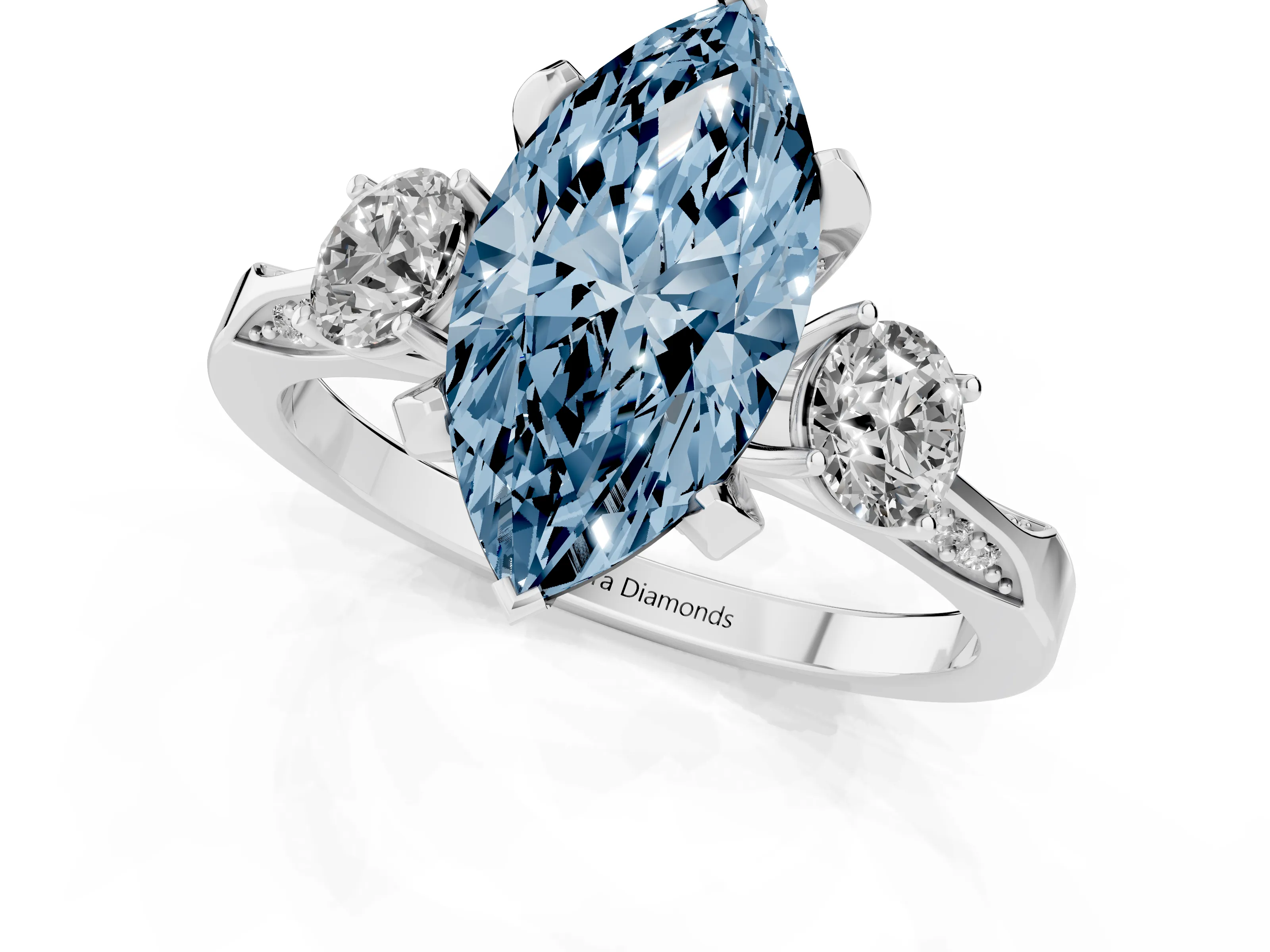 Fancy Blue Marquise Cut Diamond Three-Stone Ring Set in White gold with Pavé Band and Smaller Side Stones