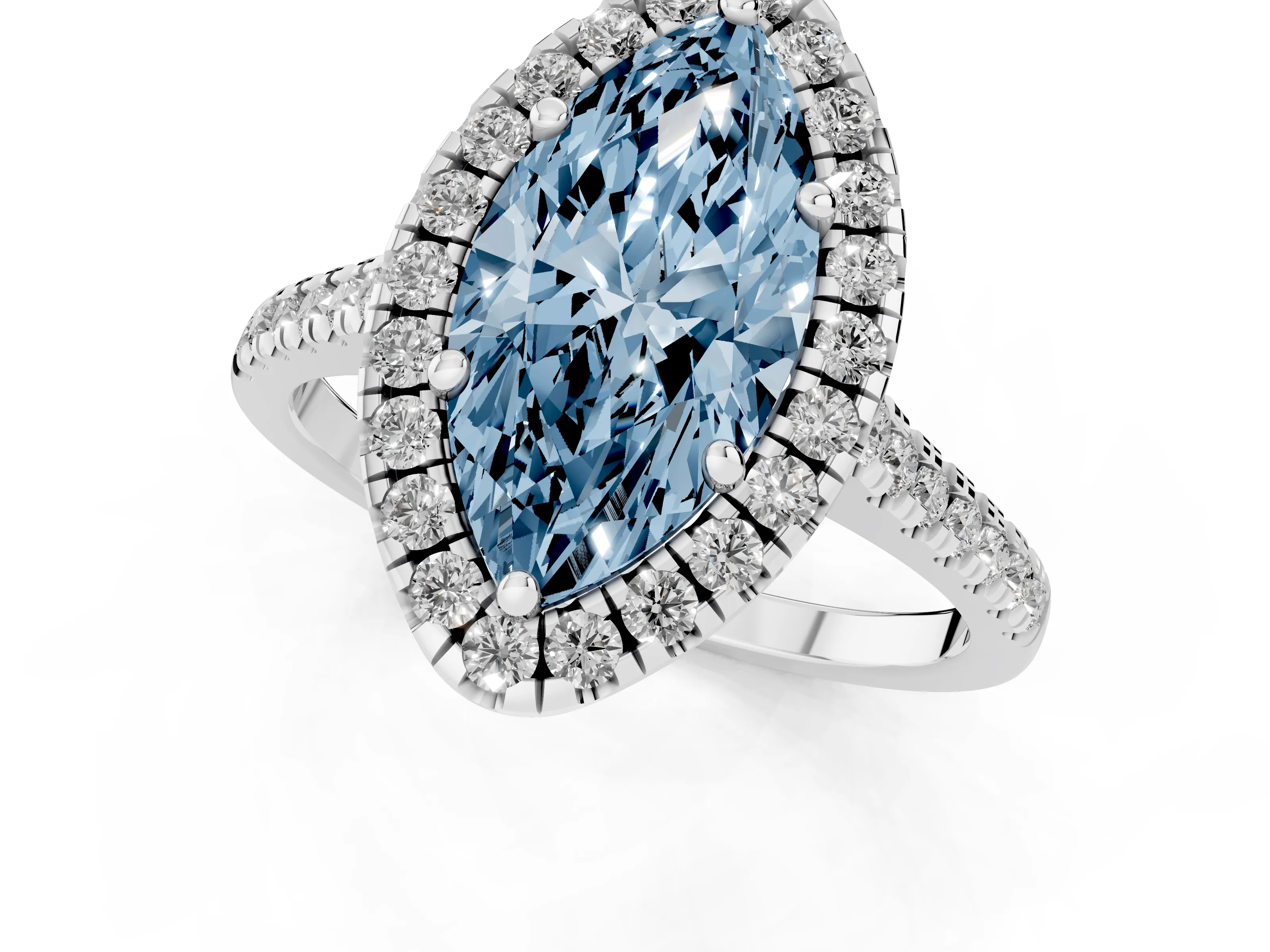 Fancy Blue Marquise Cut Diamond Cushion Halo Ring Set in White gold with Pavé Band – second view