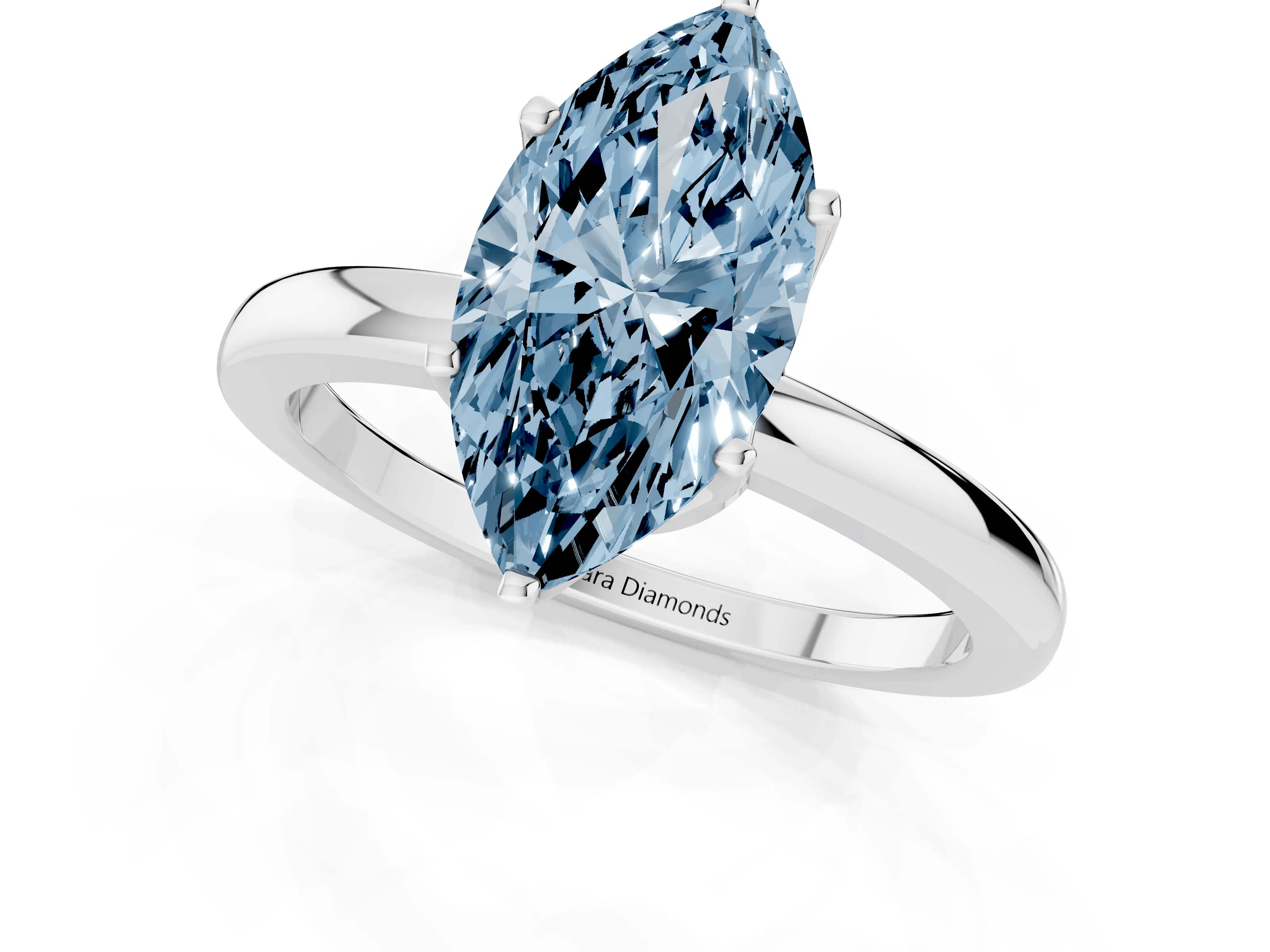 Fancy Blue Marquise Cut Diamond Solitaire Ring Set in White gold with Raised Prong Setting on a Classic Band
