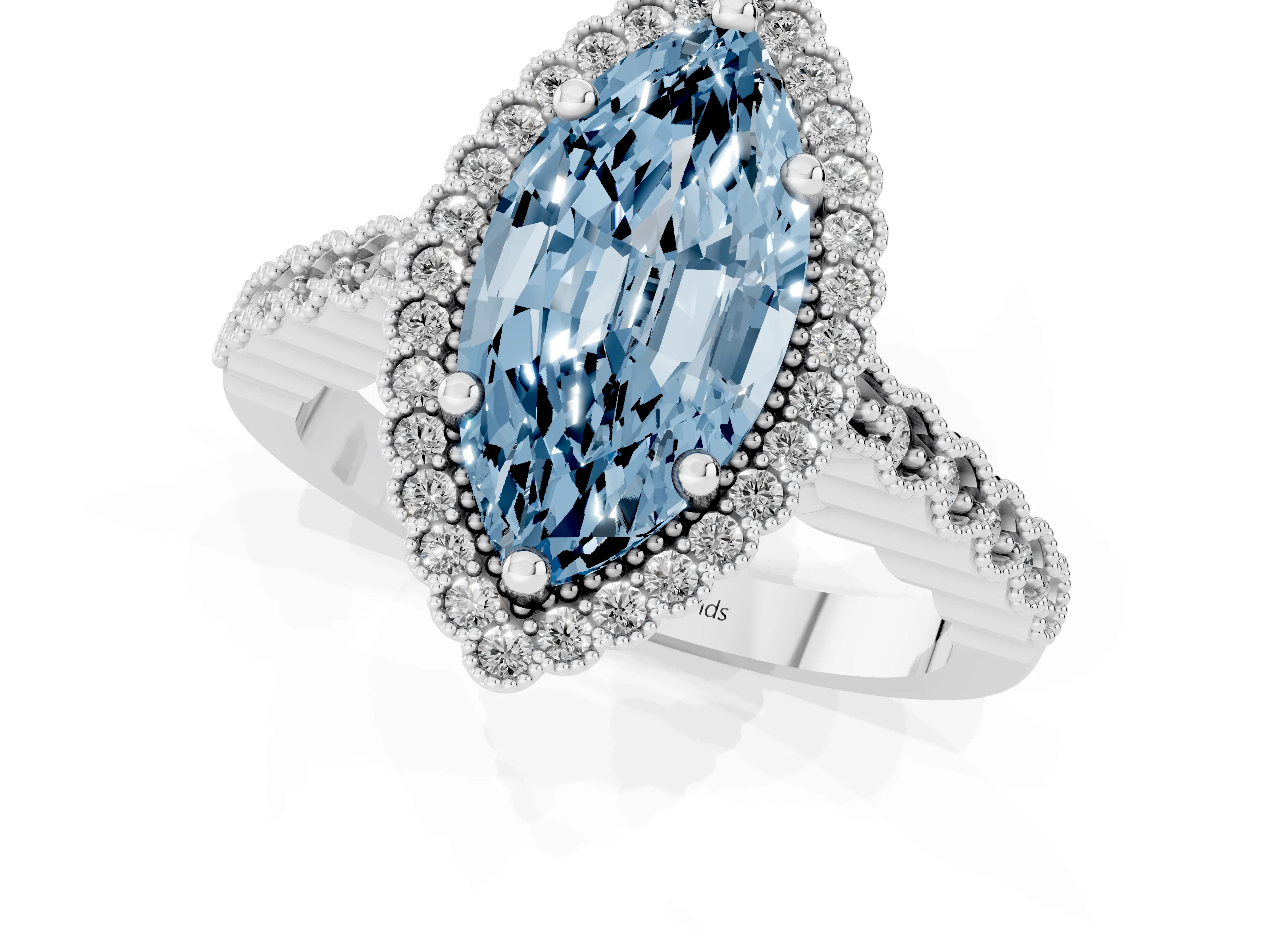 Fancy Blue Marquise Cut Diamond Halo Ring Set in White gold with Pavé Milgrain Band