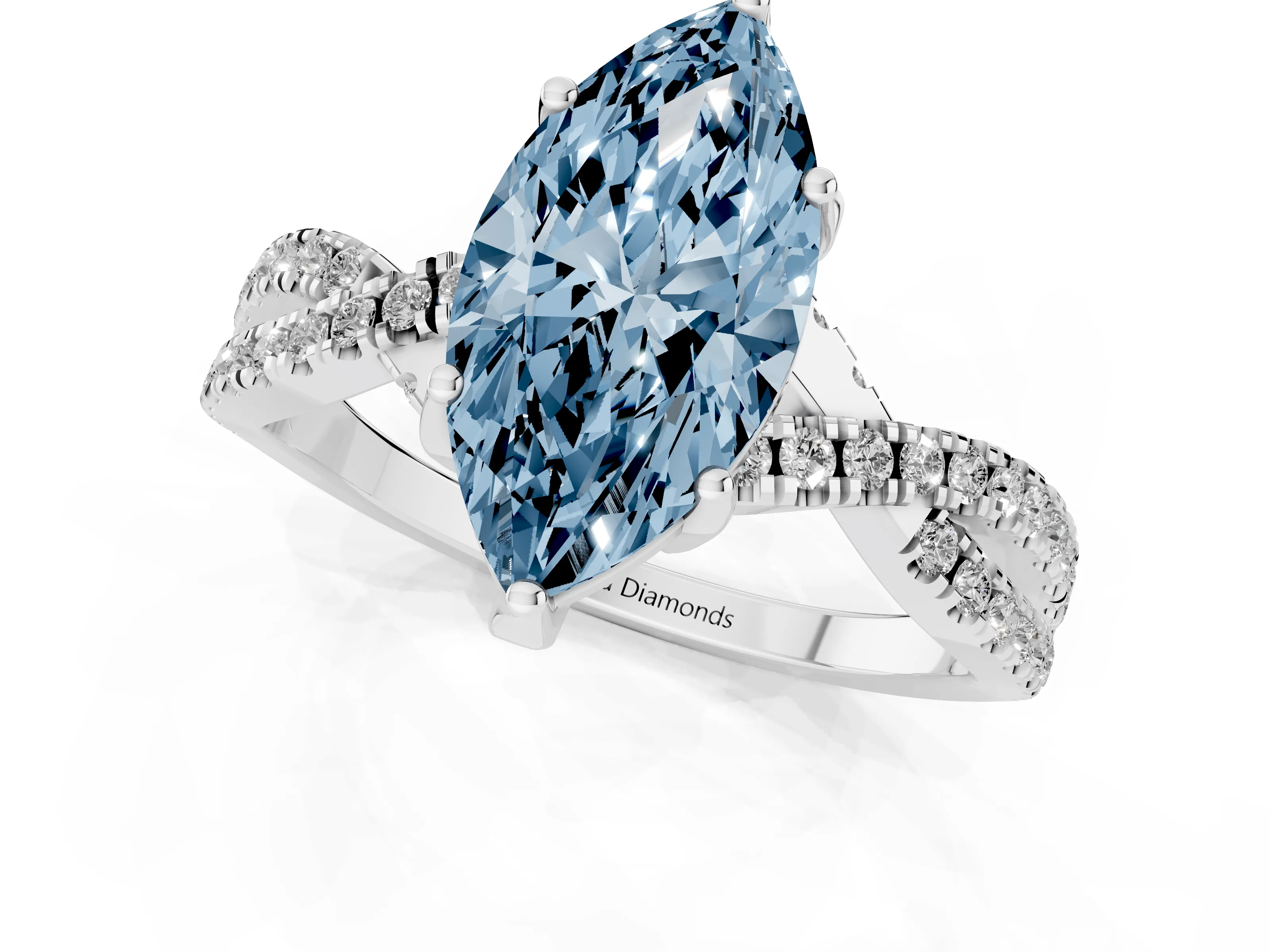 Fancy Blue Marquise Cut Diamond Twist Pavé Solitaire Engagement Ring Set in White gold with Prong Setting