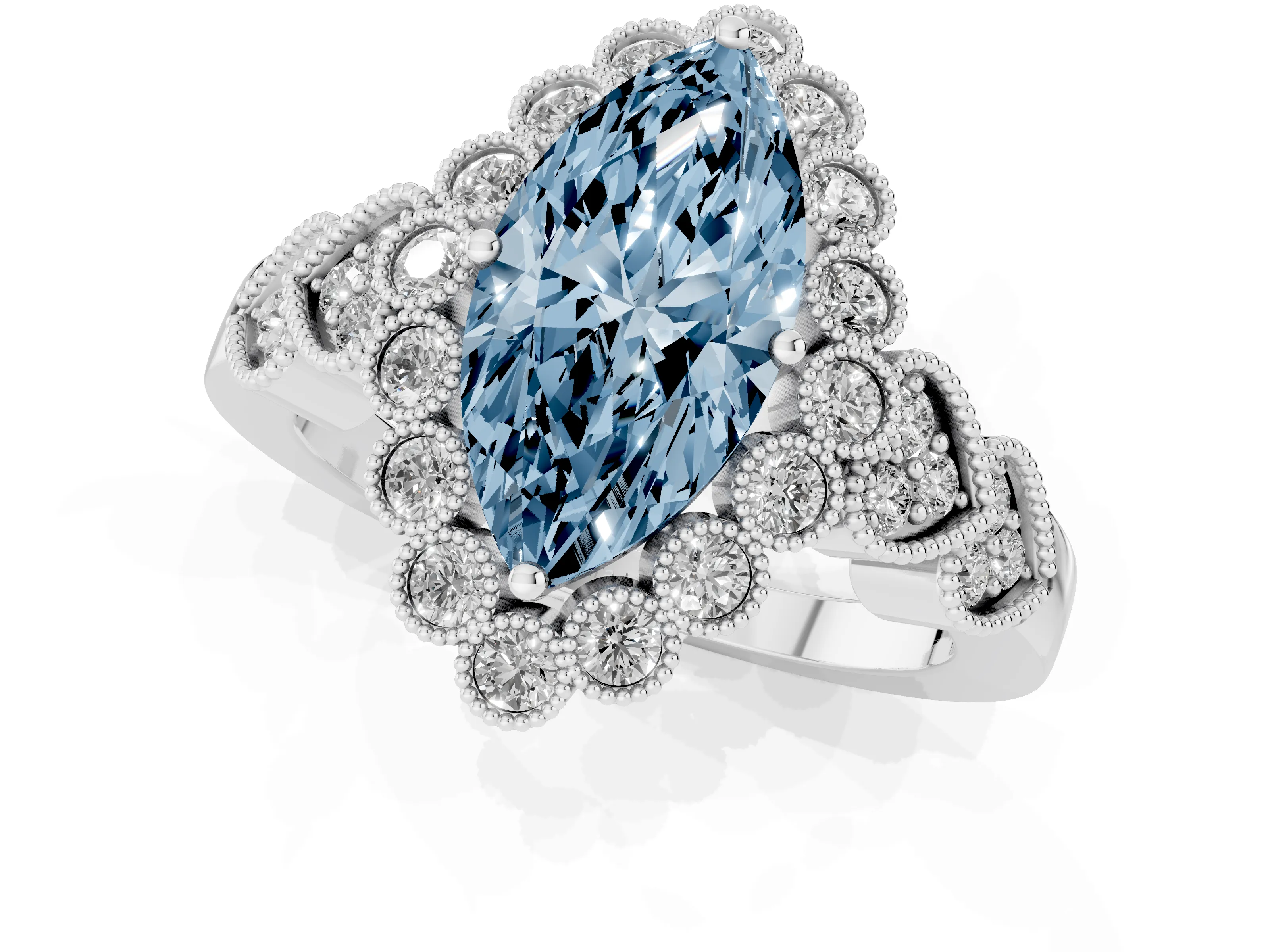 Fancy Blue Marquise Cut Diamond Solitaire Ring Set in White gold with Milgrain Pavé Heart Band