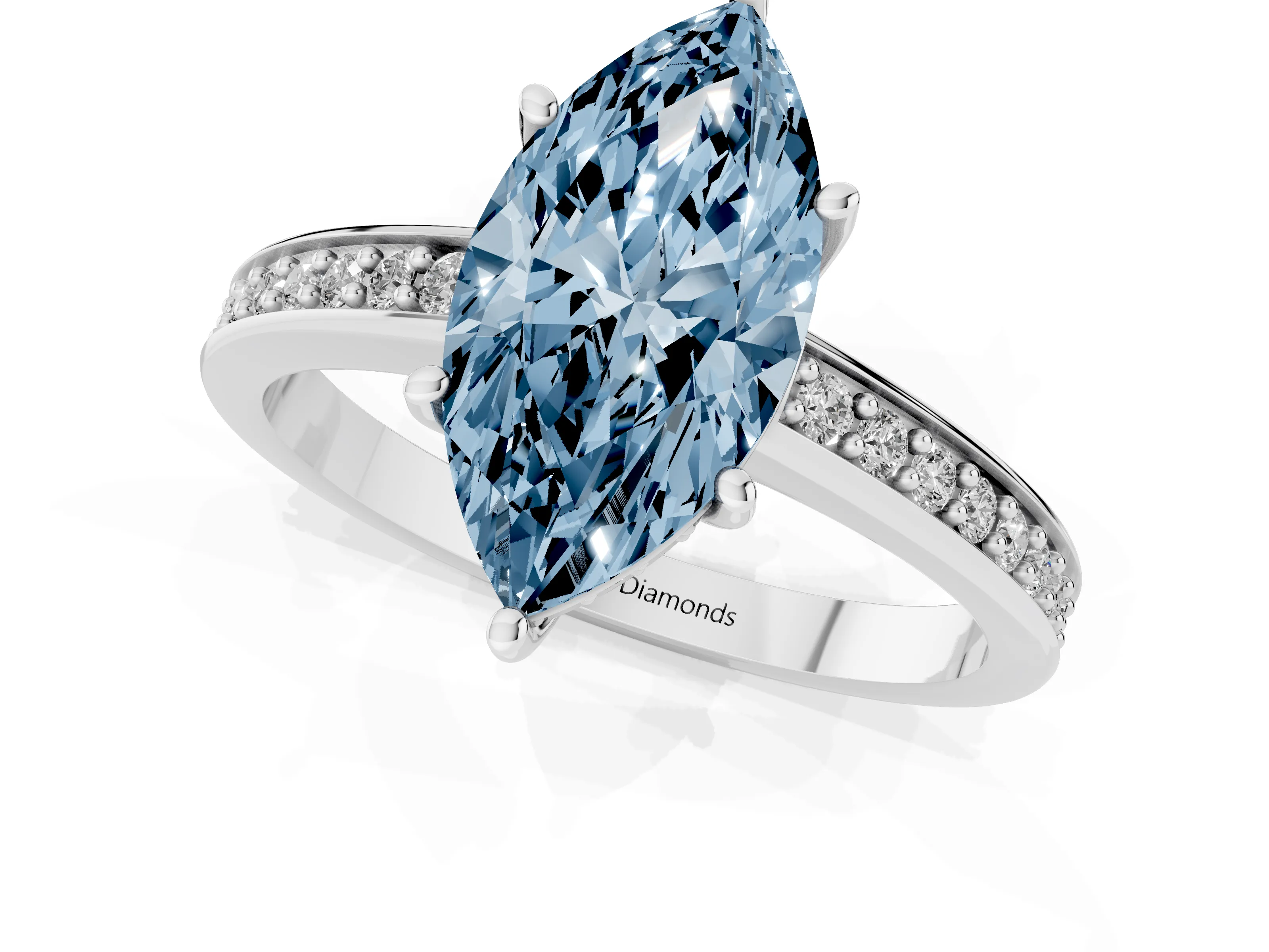 Fancy Blue Marquise Cut Diamond Pavé Band Prong Set Solitaire Ring Set in Platinum