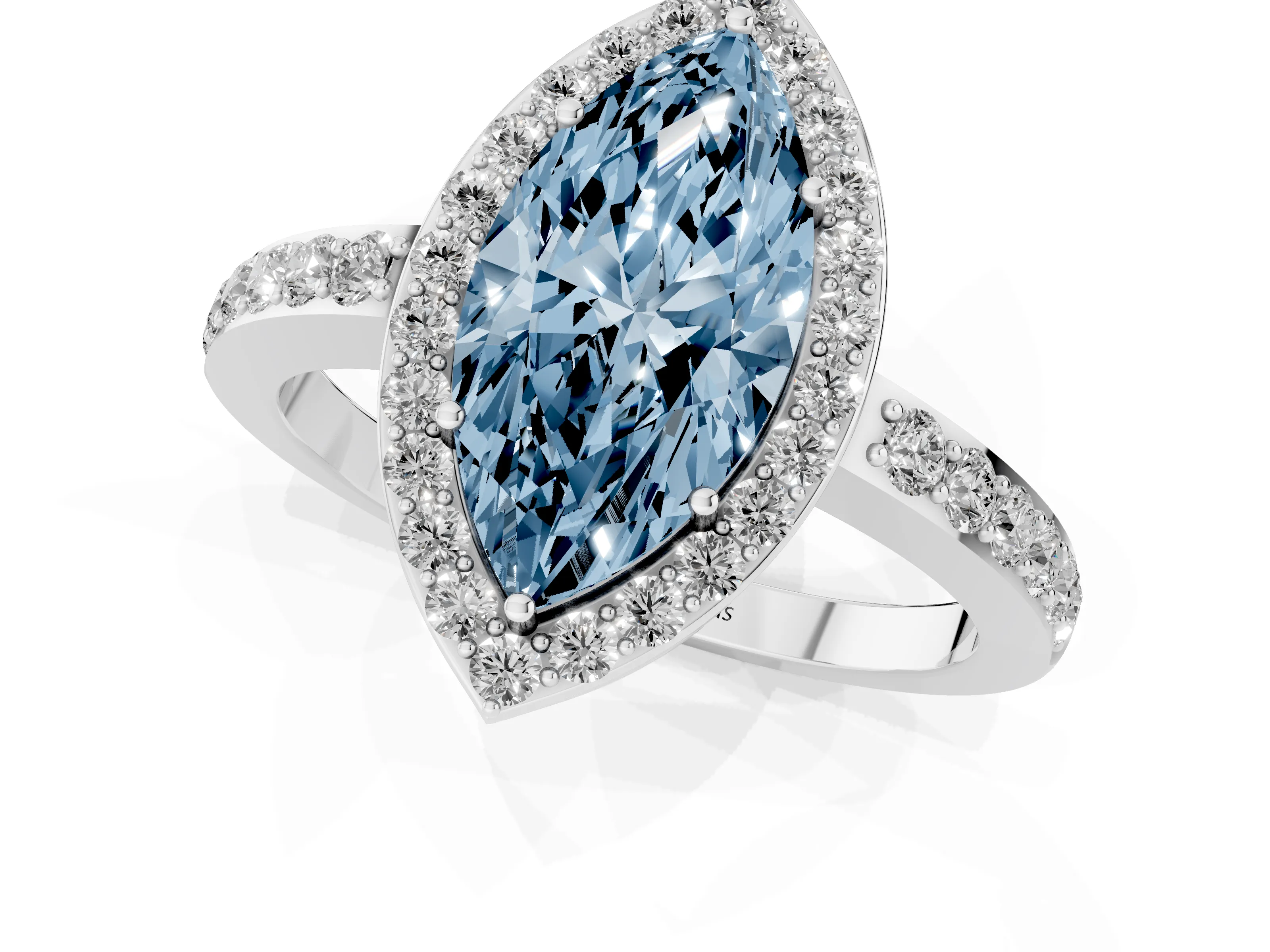 Fancy Blue Marquise Cut Diamond Halo Ring Set in White gold with Pavé-Setting Band and Open Prong Center