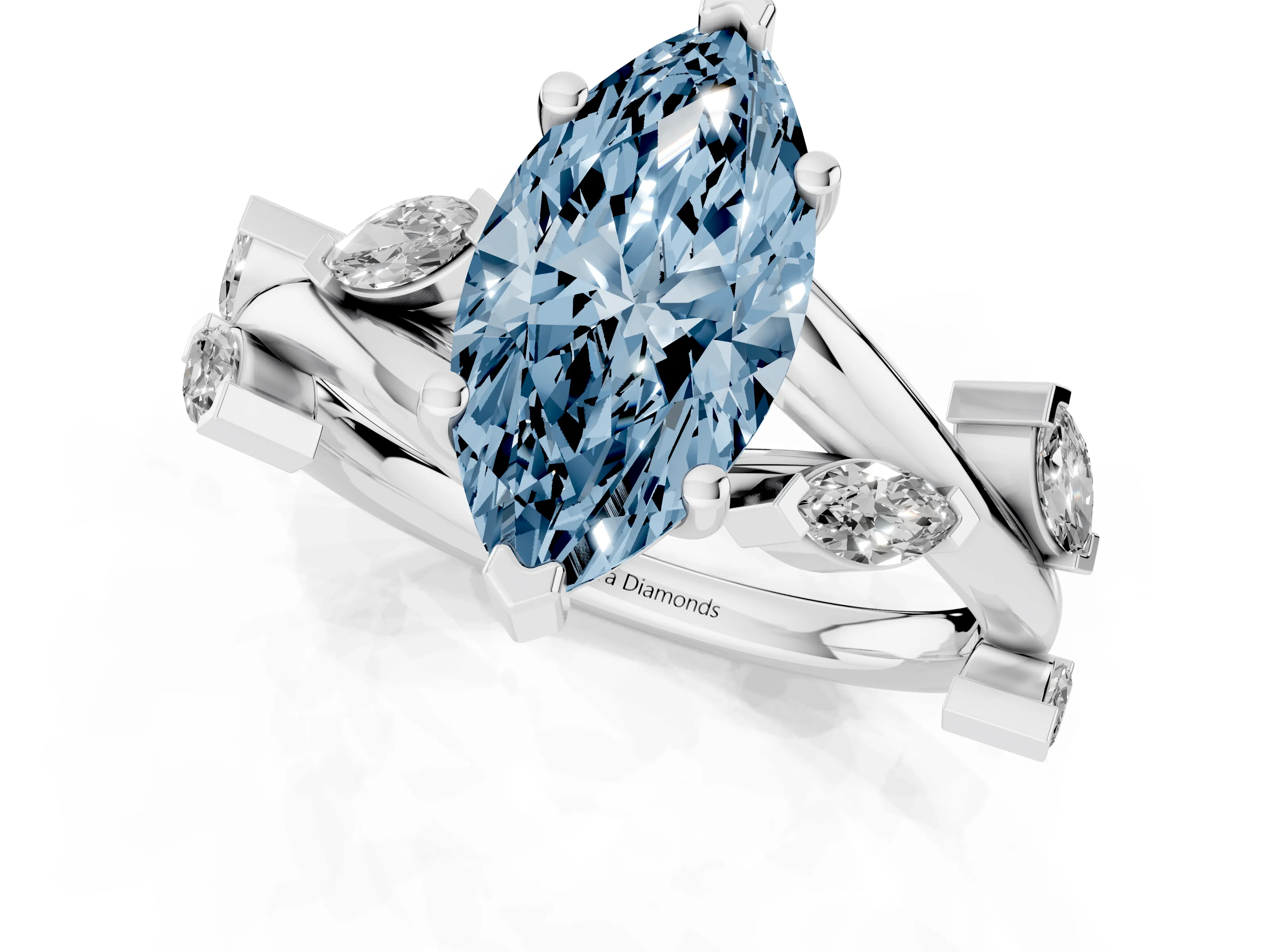 Fancy Blue Marquise Cut Diamond Solitaire Ring Set in White gold with Twisted Marquise Accent Band