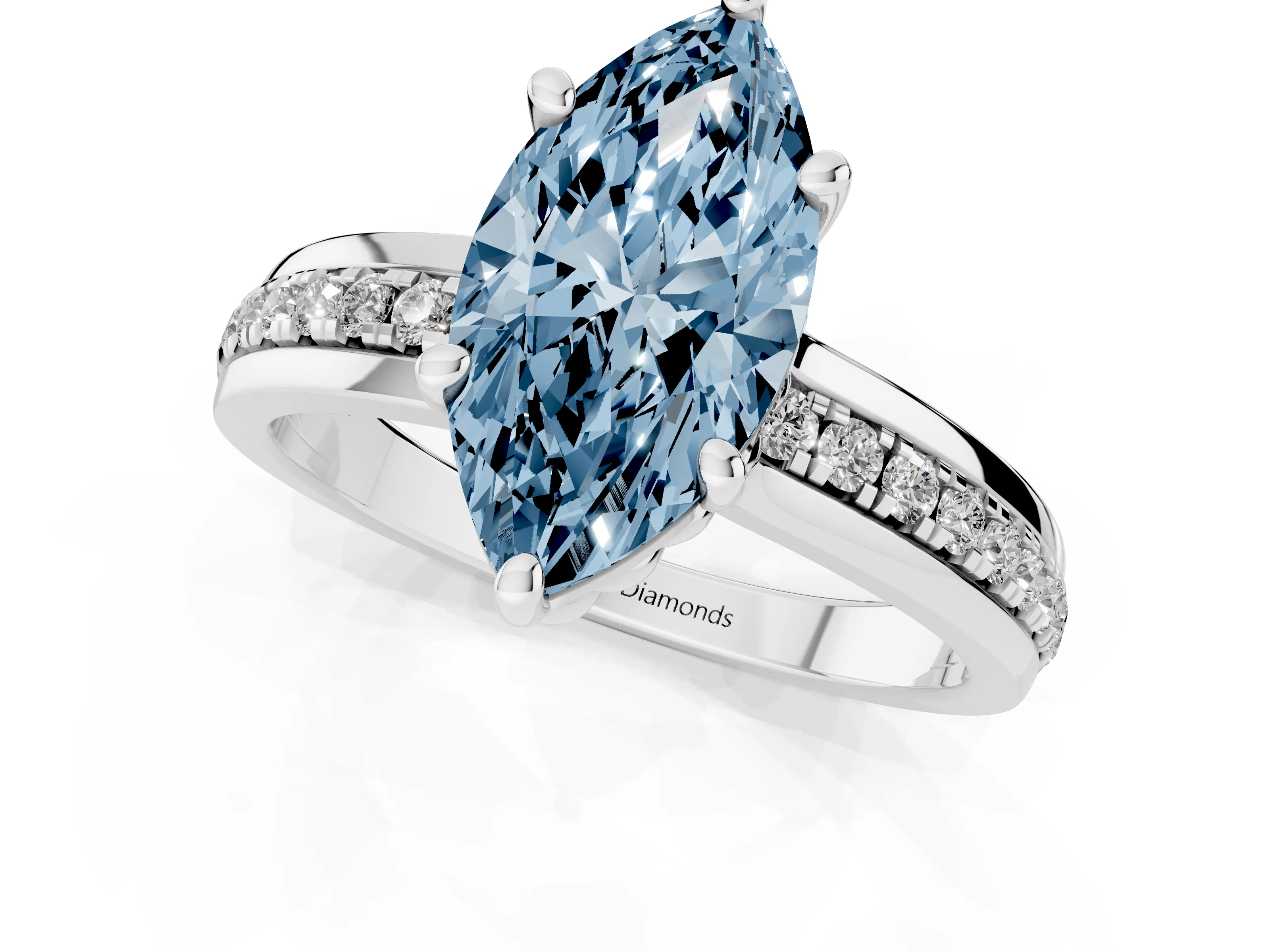 Fancy Blue Marquise Cut Diamond Solitaire Ring Set in Platinum with Channel Set Band and Prong Setting