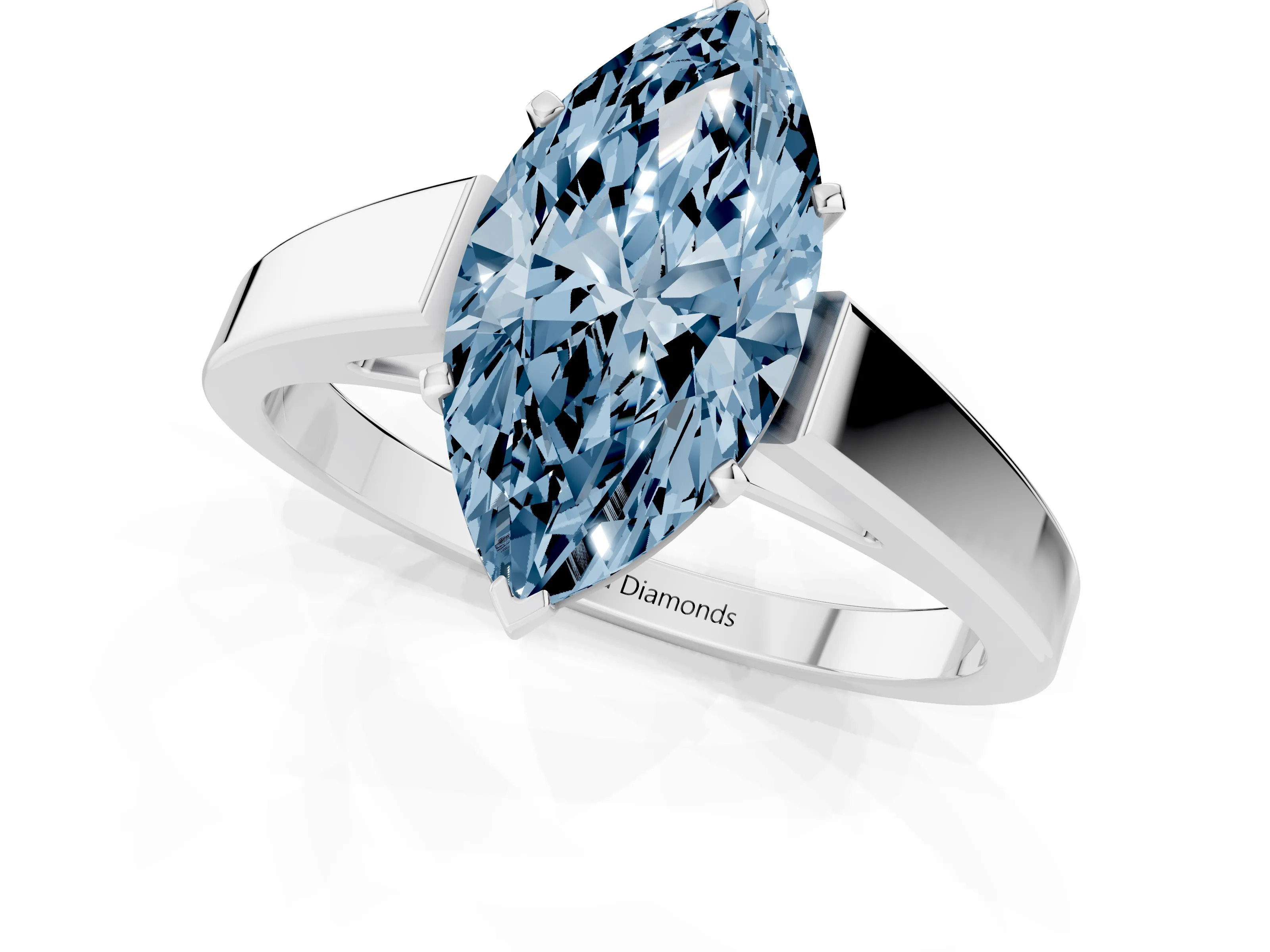 Fancy Blue Marquise Cut Diamond Solitaire Engagement Ring Set in White gold with Prong Setting and Tapered Band