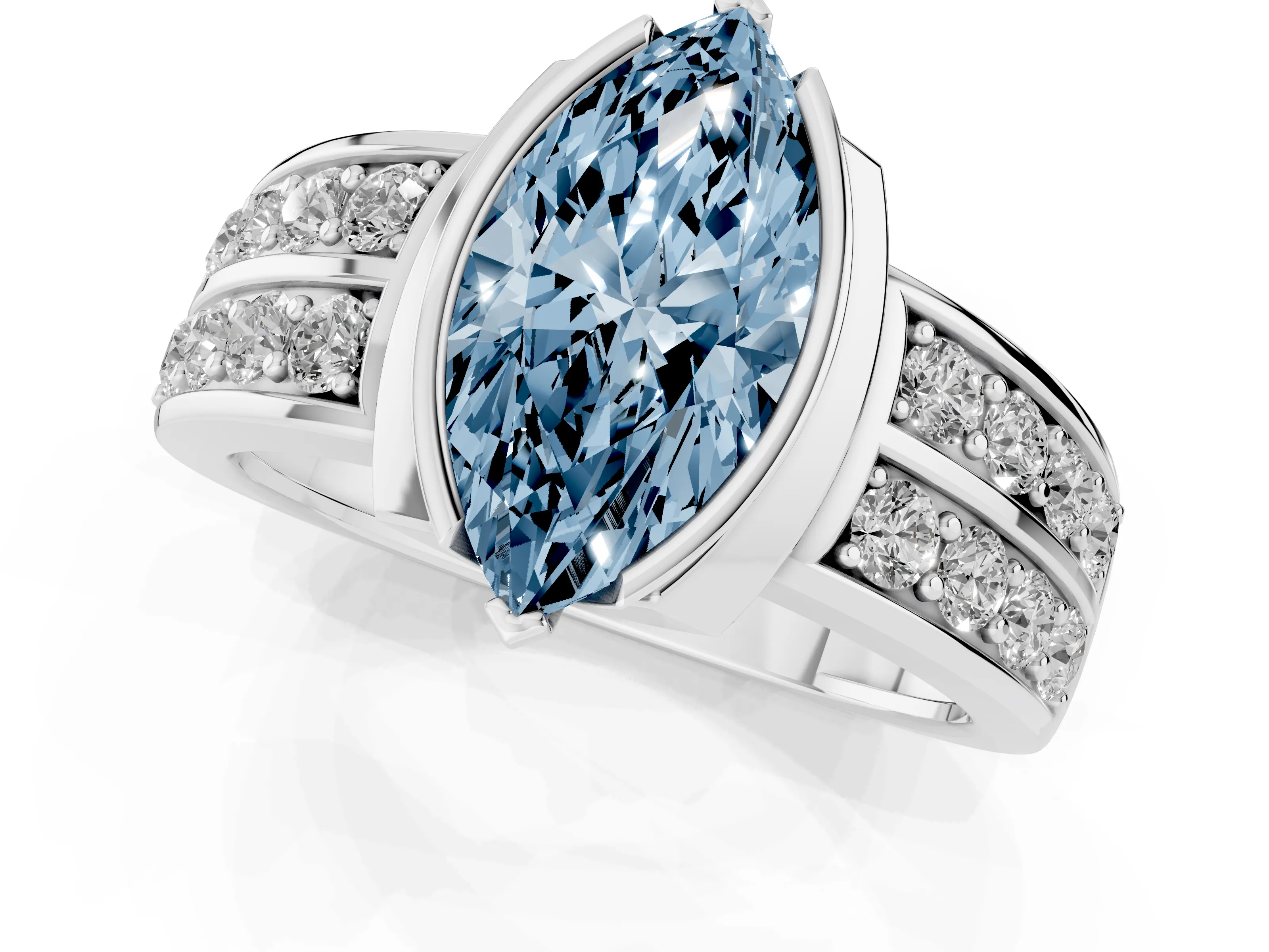 Fancy Blue Marquise Cut Diamond Wide Channel Set Band Ring Set in White gold with Bezel Setting