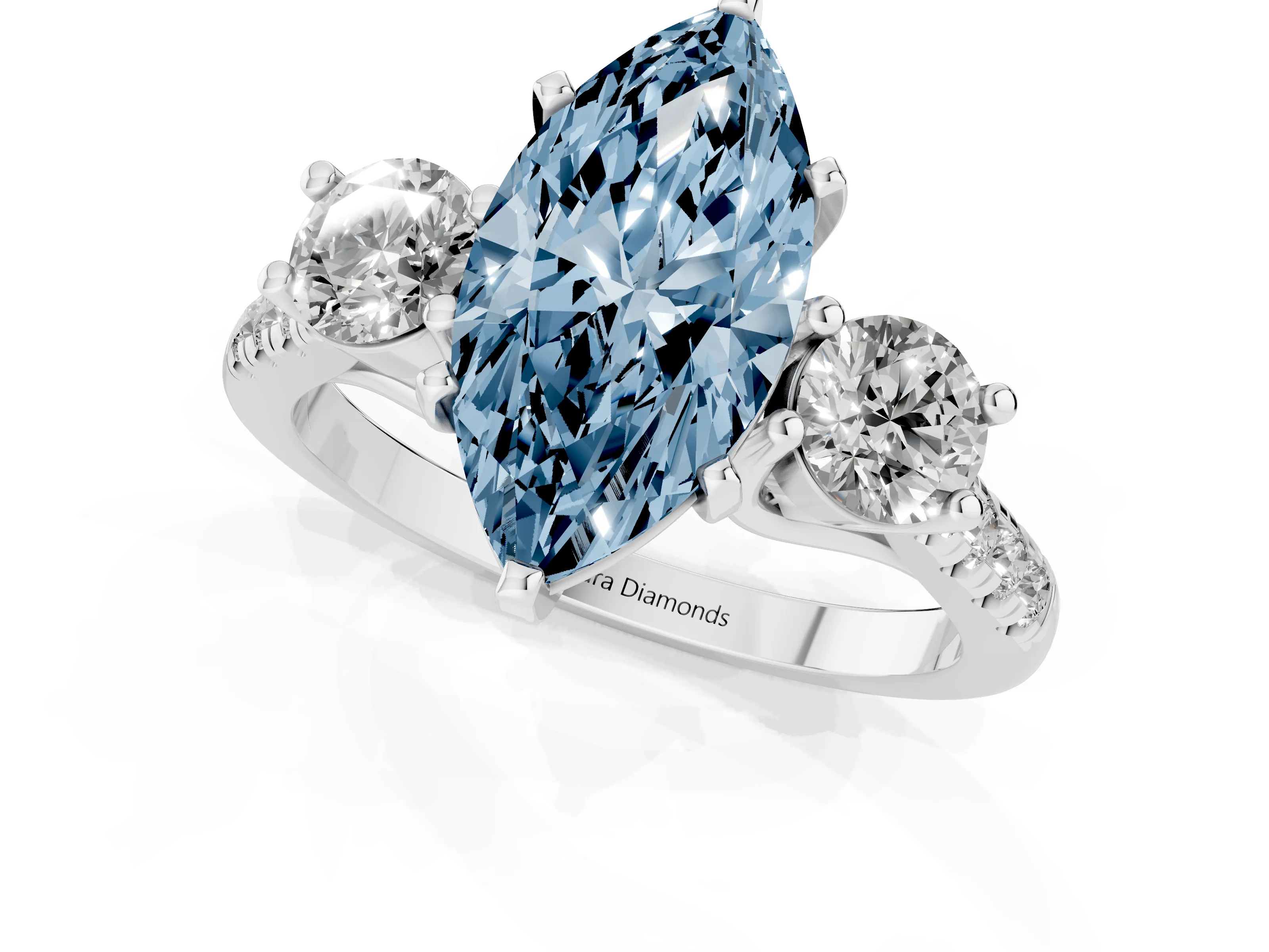Fancy Blue Three-Stone Marquise Cut Diamond Pavé Band Ring Set in Silver with Prong-Set Trio