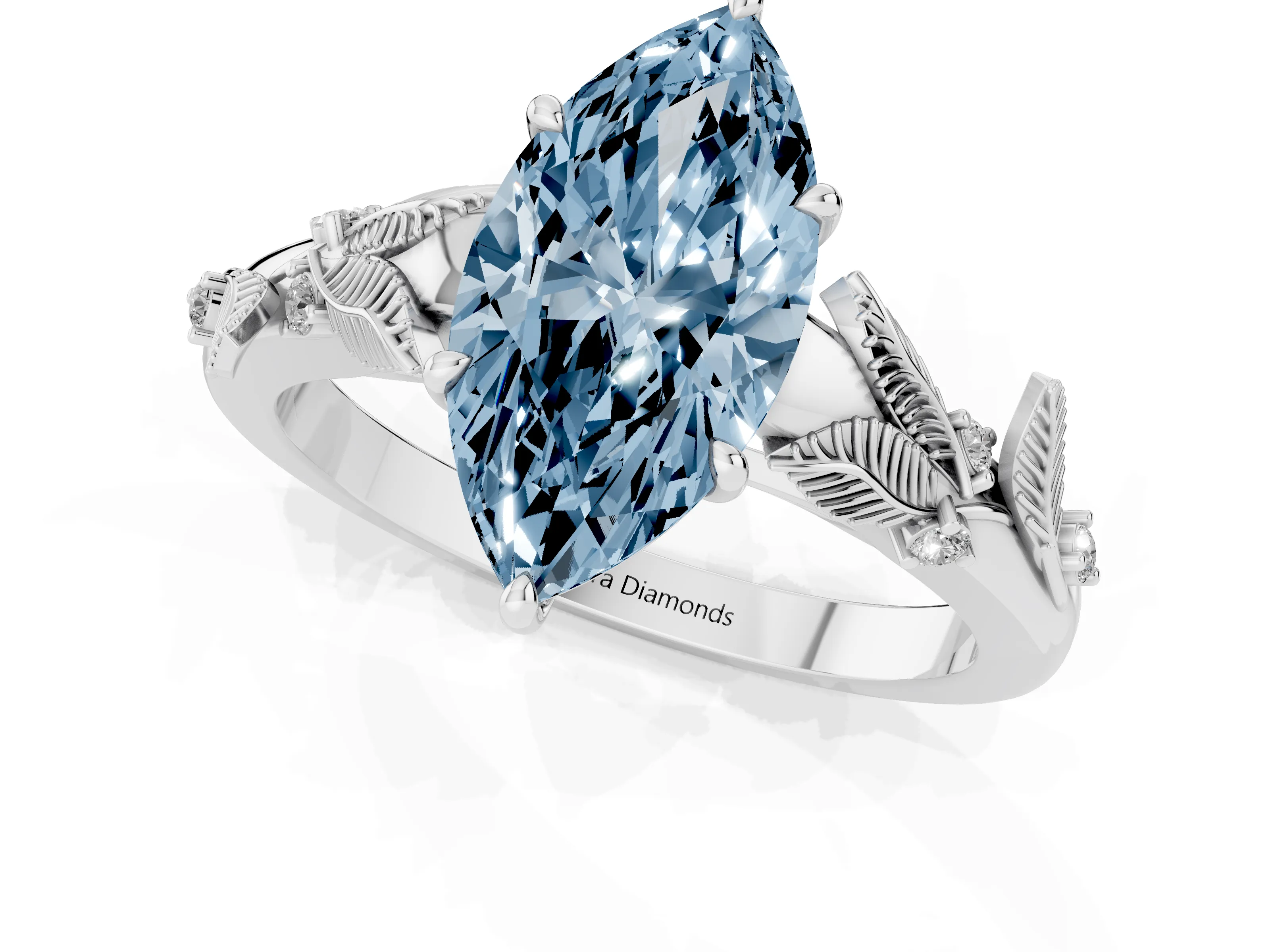 Fancy Blue Marquise Cut Diamond Solitaire Ring Set in Platinum with Leaf Motif Band