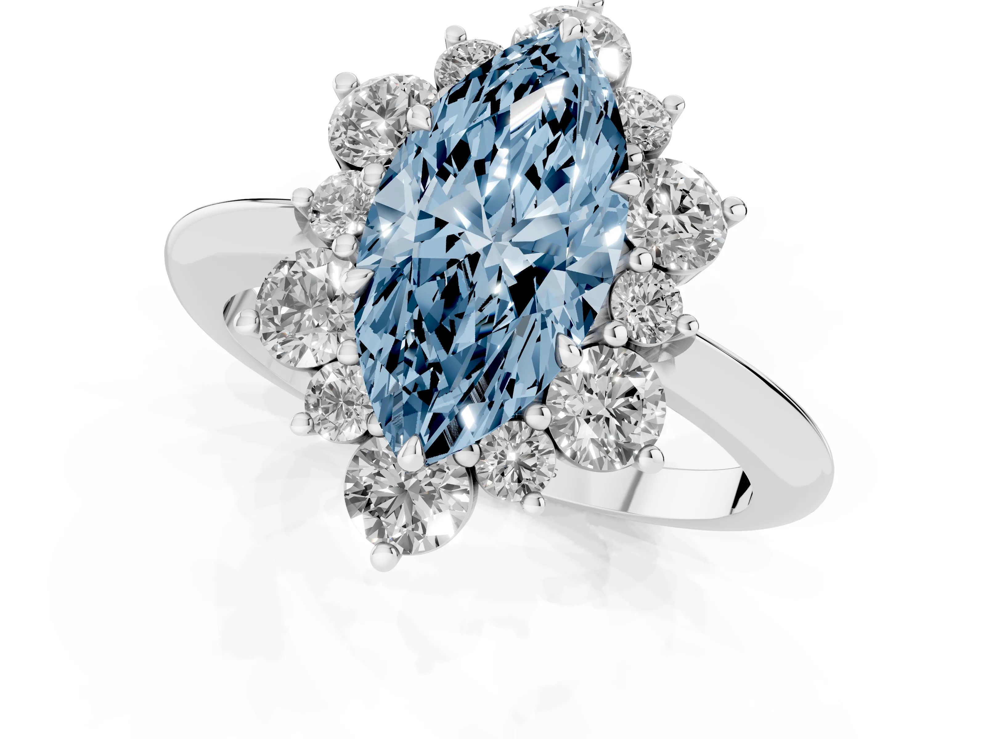 Fancy Blue Marquise Cut Diamond Cluster Halo Ring Set in Platinum with Solitaire Band and Prong Setting