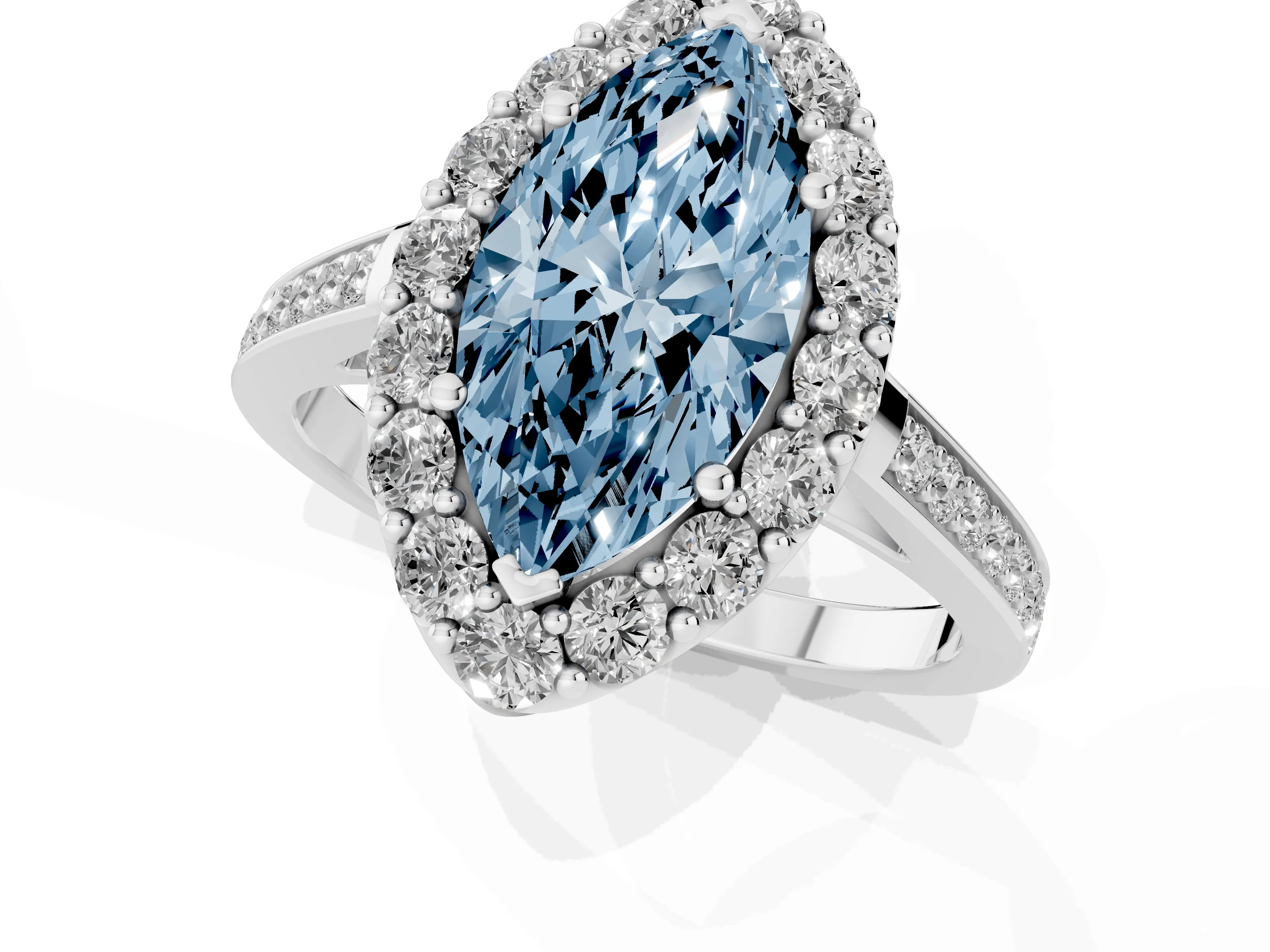 Fancy Blue Marquise Cut Diamond Floral Halo Ring Set in Silver with Pavé Band and Prong Setting
